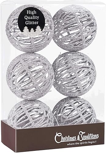 Miniatura 2 de Christmas Traditions Adornos de bola de ratán con purpurina plateada de 4 pulgadas para colgar en el árbol (juego de 6)