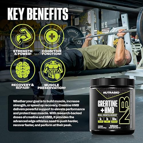 Miniatura 3 de NutraBio Creatina + HMB- Monohidrato de creatina con polvo HMB para crecimiento muscular, mayor fuerza, 30 porciones (sin sabor)