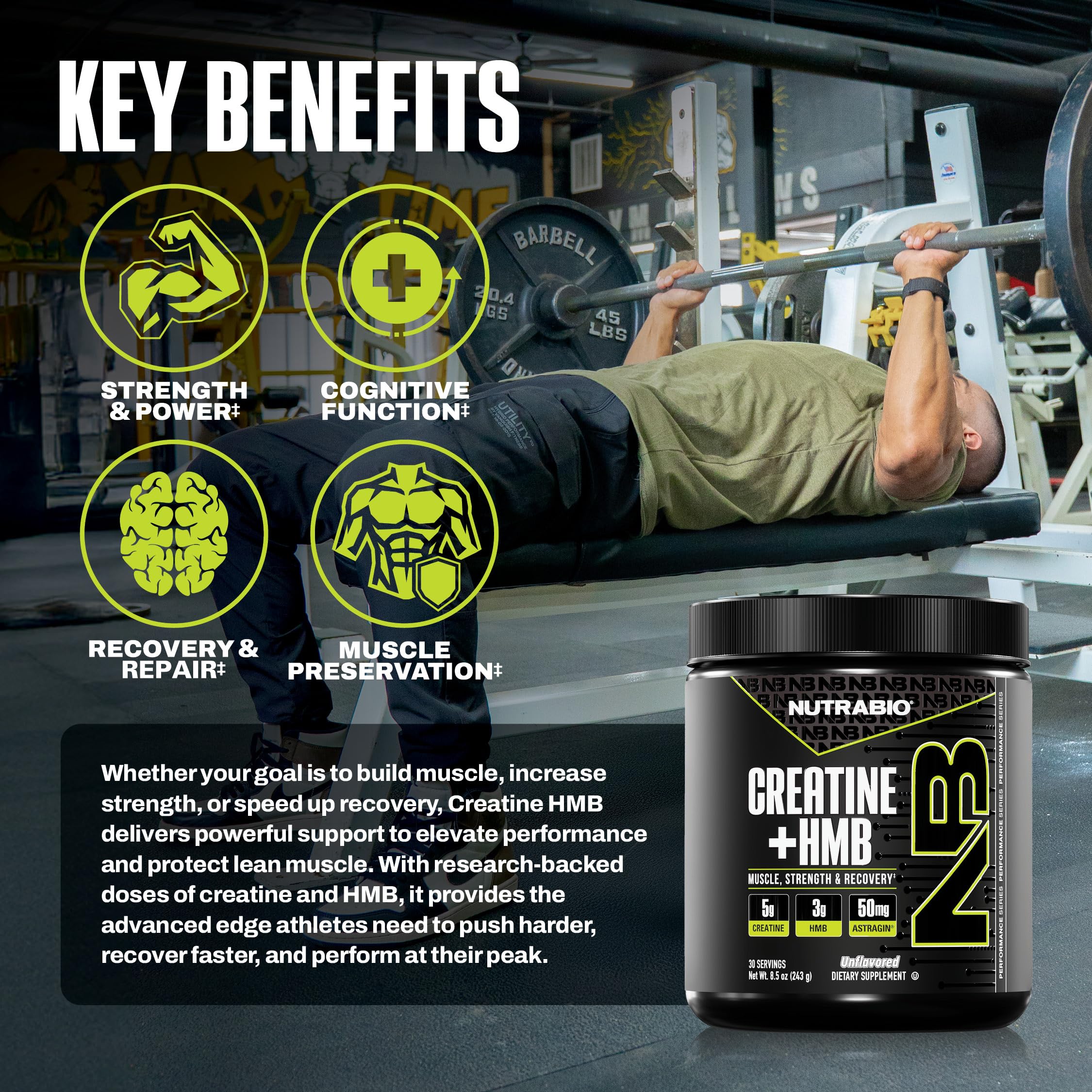 NutraBio Creatine + HMB- Creatine Monohydrate with HMB Powder for Muscle Growth, Increased Strength- 30 Servings (Unflavored) — Amazon image 3