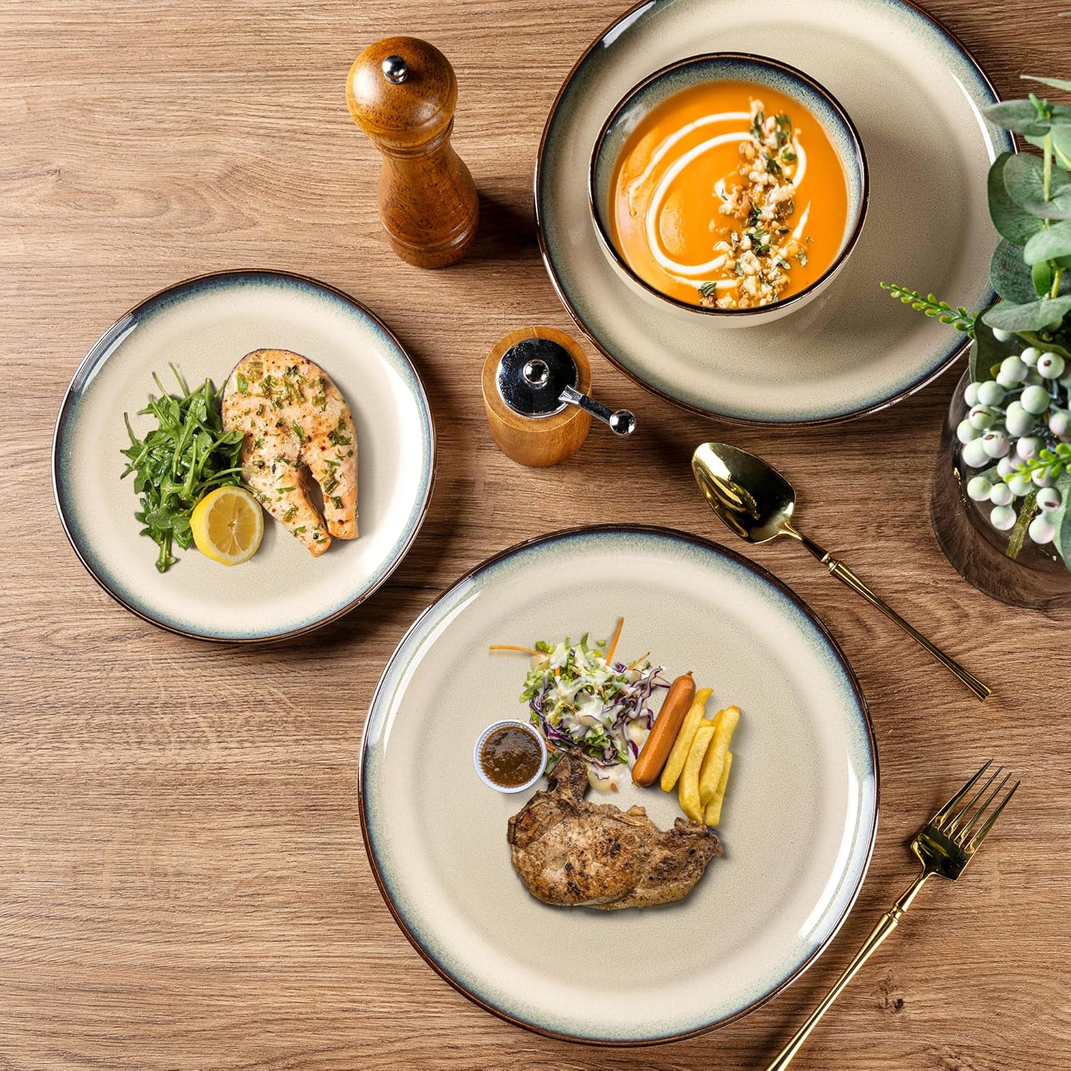 GBHOME Ceramic Dinnerware Sets for 4, 12 Pieces Stoneware Plates and Bowls Sets, Scratch Resistant Dishes, Dishwasher & Microwave Safe, Reactive Glaze-Gravel - Image 5