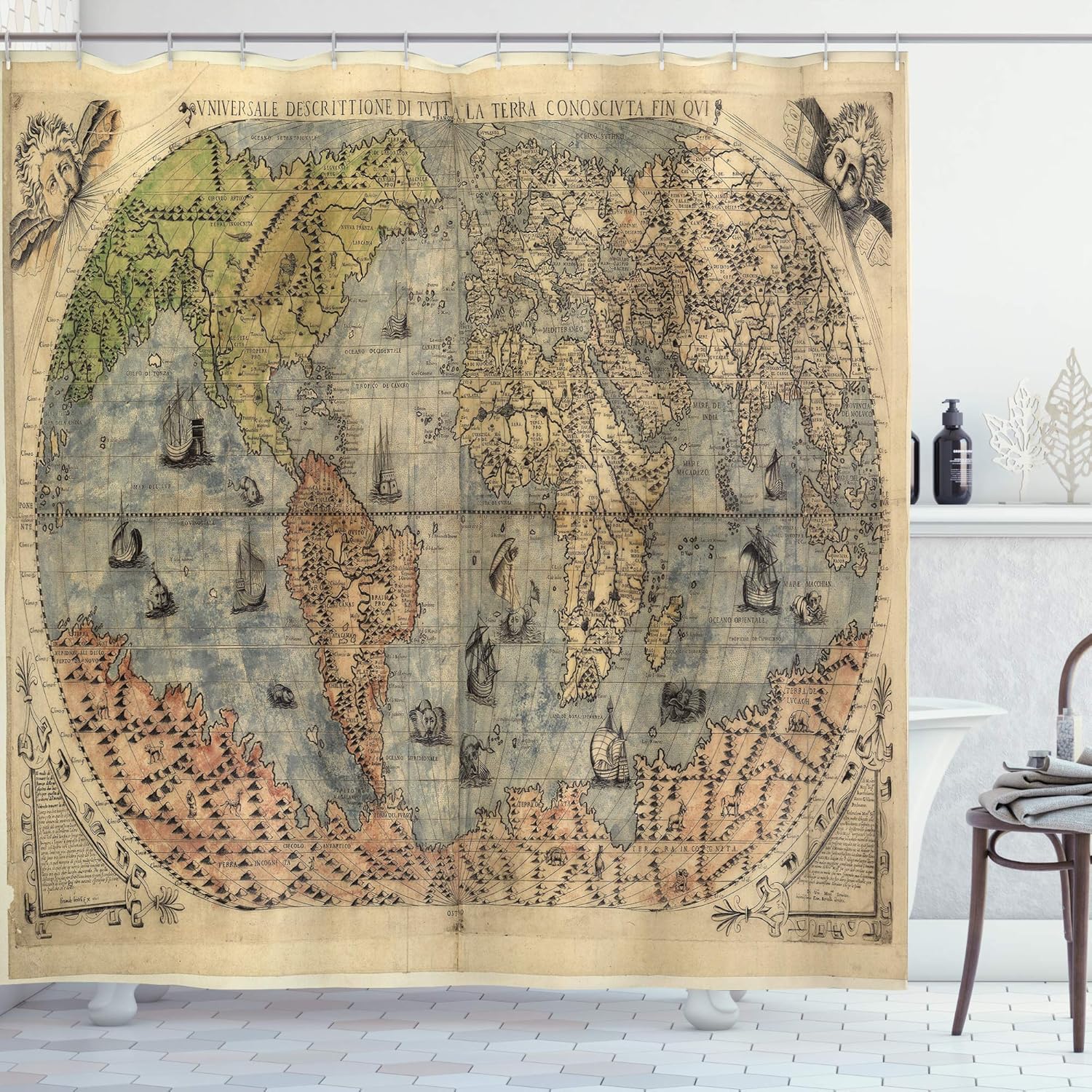 Lunarable Antique Shower Curtain, Map of World Global History Stained Paper Oceans Lands Vintage Atlas, Cloth Fabric Bathroom Decor Set with Hooks, 105" Extra Wide, Cream Green