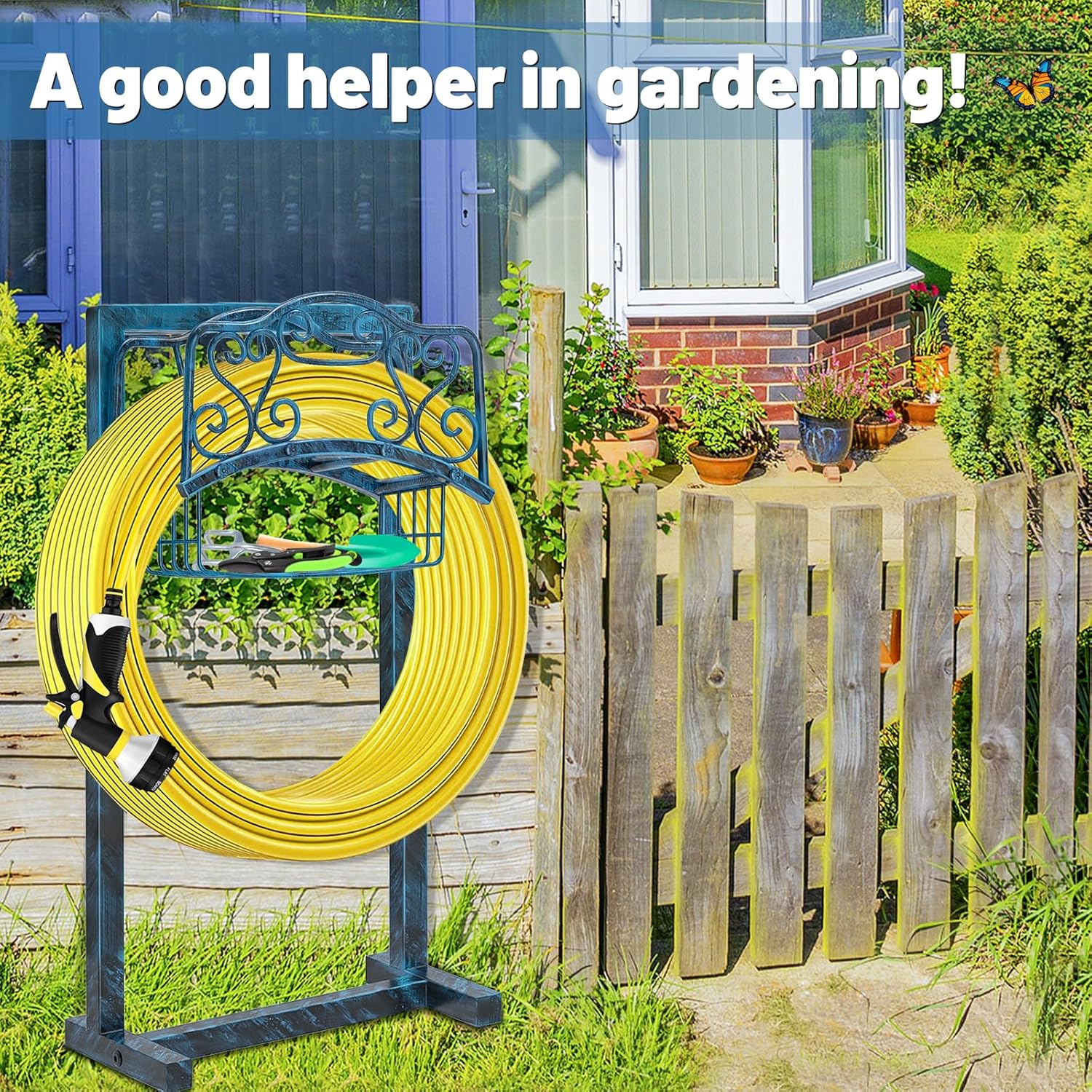 Garden Hose Holder for Outside - Upgraded Water Hose Holder Holds with Storage Basket, Heavy Duty Metal Freestanding Garden Hose Storage Reel Rack for Outdoor Yard Lawn (Blue)