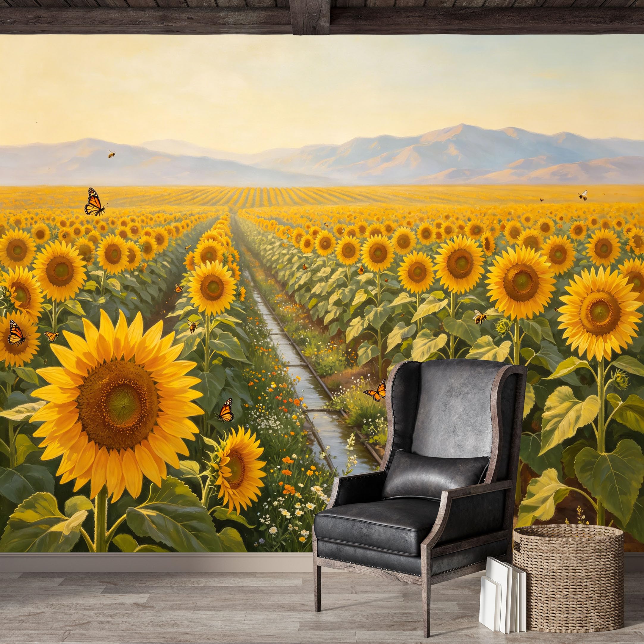 Custom Size Wall Mural,Sunflower Field Landscape Oil Painting with Butterflies and Bees Premium Water Activated SelfAdhesive Wallpaper,Removable Wall Covering for Indoor Home Decor