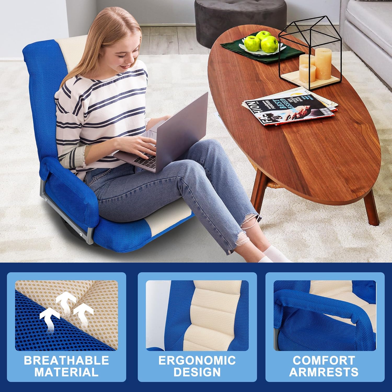 SUPER DEAL Floor Gaming Chair with Arms, Floor Lazy Lounger Chair with Adjustable 5 Positions 360 Degree Swivel for Adults Teens Reading, Relaxing, Watching TV, Blue and Beige