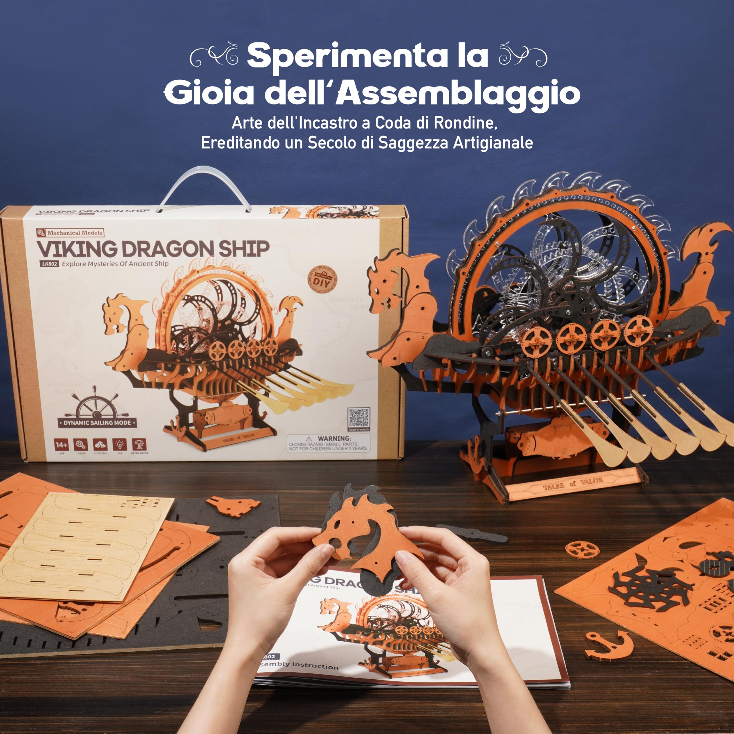 ROBOTIME Puzzle 3D in Legno Modellismo da Costruire Adulti, Modello di Nave Drago Vichinga Con Motore e Luce LED, Trasmissione Meccanica a Ingranaggi, Regalo Speciale Nave LK802