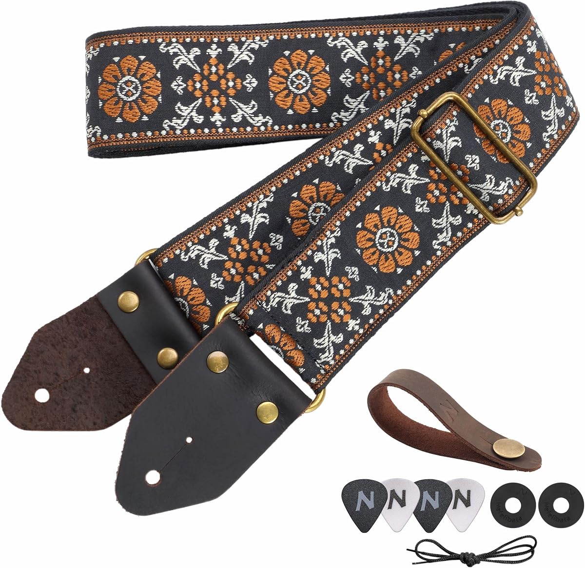 Nefelibata Guitar Strap,Jacquard Embroidery Cotton Guitar Straps with Crazy Horse Leather Leather Ends for Bass, Electric & Acoustic, Best Gifts for Kids, Guitarists(Retro yellow flower embroidery)
