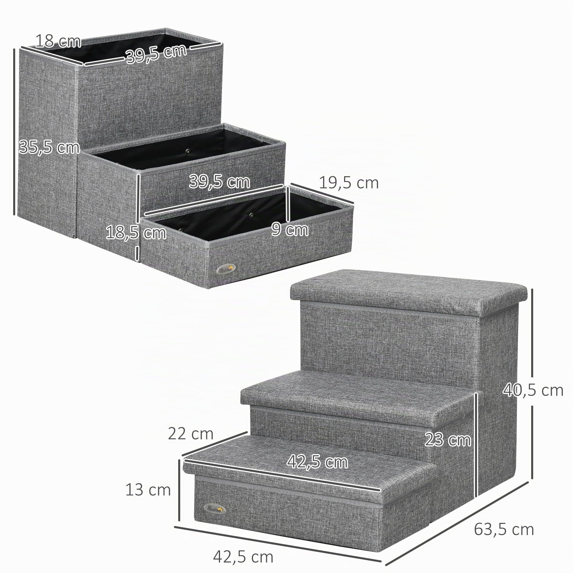 PawHut Escalera para Mascotas para Perros Gatos 63,5x42,5x40,5 cm Gris | 3 Peldaños, Escalones, con Tapas Abribles, Espacio de Almacenamiento