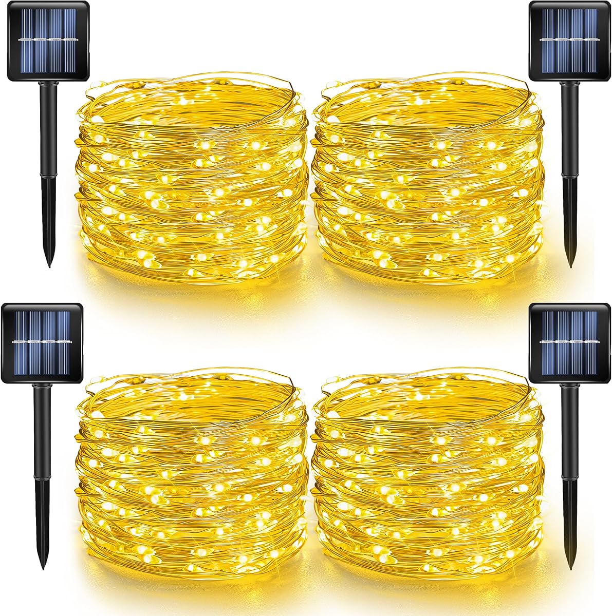 Dazzle Bright Paquete de 4 luces solares para exteriores, total de 160 pies, 480 LED, luces de hadas impermeables con energía solar, 8 modos, luces de alambre plateado para decoración de Navidad, patio, fiesta, árbol, patio (blanco cálido)