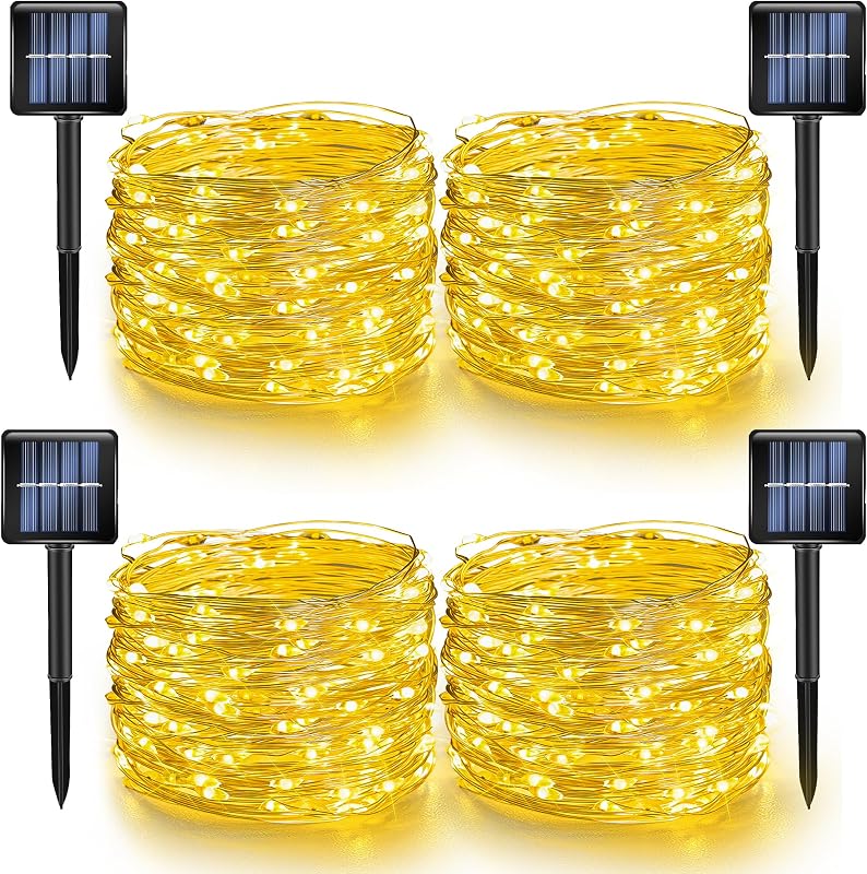 Dazzle Bright Paquete de 4 luces solares para exteriores, total de 160 pies, 480 LED, luces de hadas impermeables con energía solar, 8 modos, luces de alambre plateado para decoración de Navidad, patio, fiesta, árbol, patio (blanco cálido)