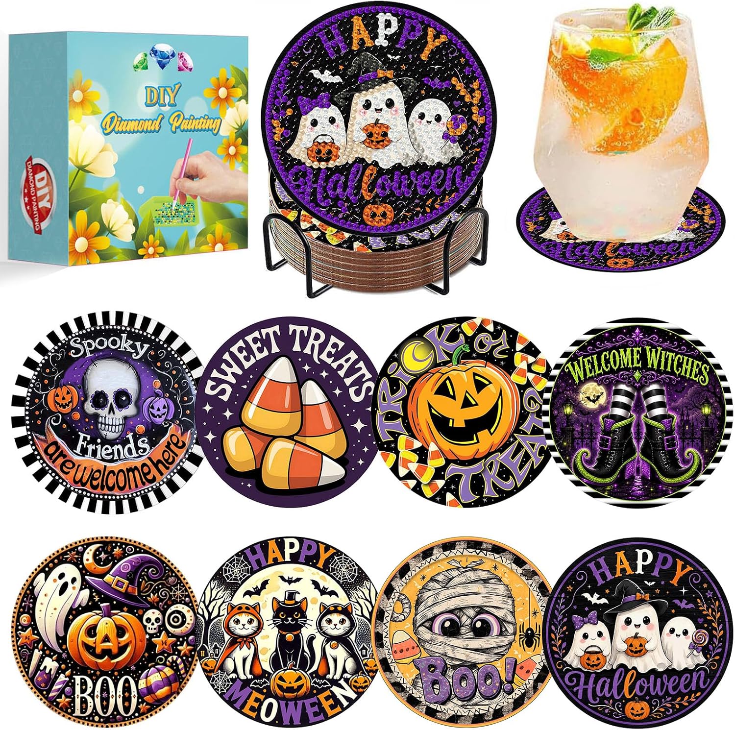 Halloween Diamond Art Coasters Kits, Diamond Painting Coasters with Holder