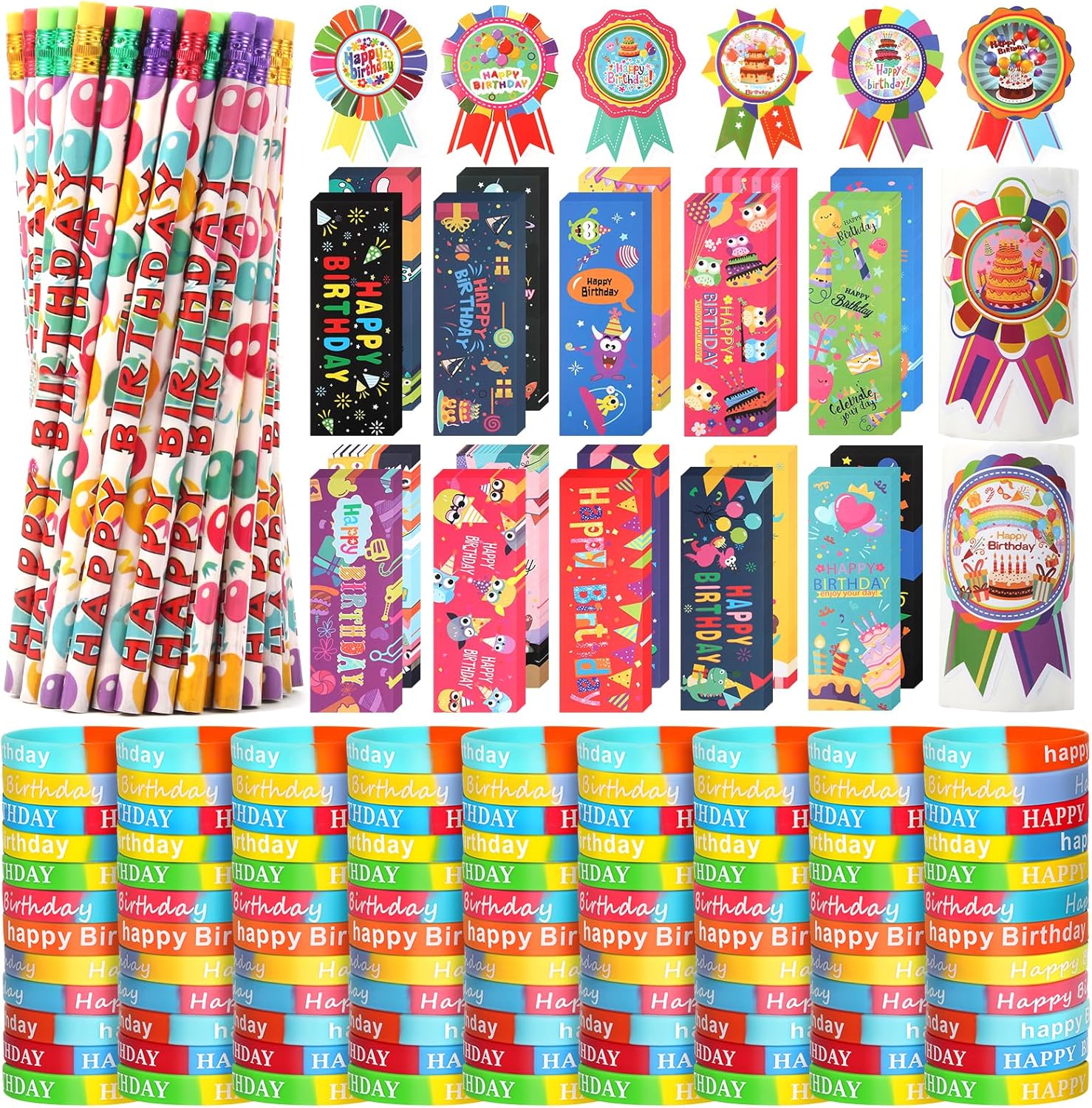 Kolewo4ever Birthday Gifts Set: 500 Pieces Pencils, Bookmarks & Badge Stickers