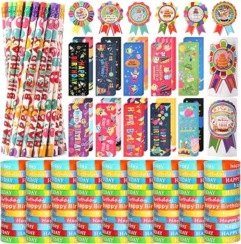 Kolewo4ever 500 Pieces Happy Birthday Gifts Set100 Pencils,100 Bookmarks and 200 Badge Sticker for Birthday Party Supply