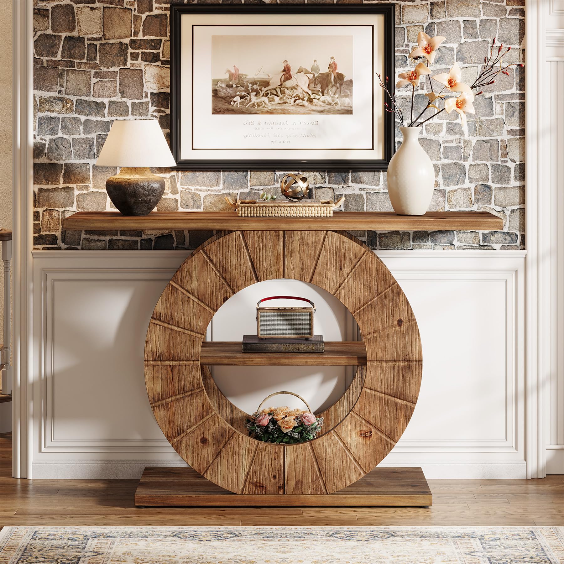 Table Console en Bois Massif 105 cm, Table d’Entrée Rustique à 2 Niveaux avec Rangement, Table Canapé Étroit pour Salon, Couloir & Hall