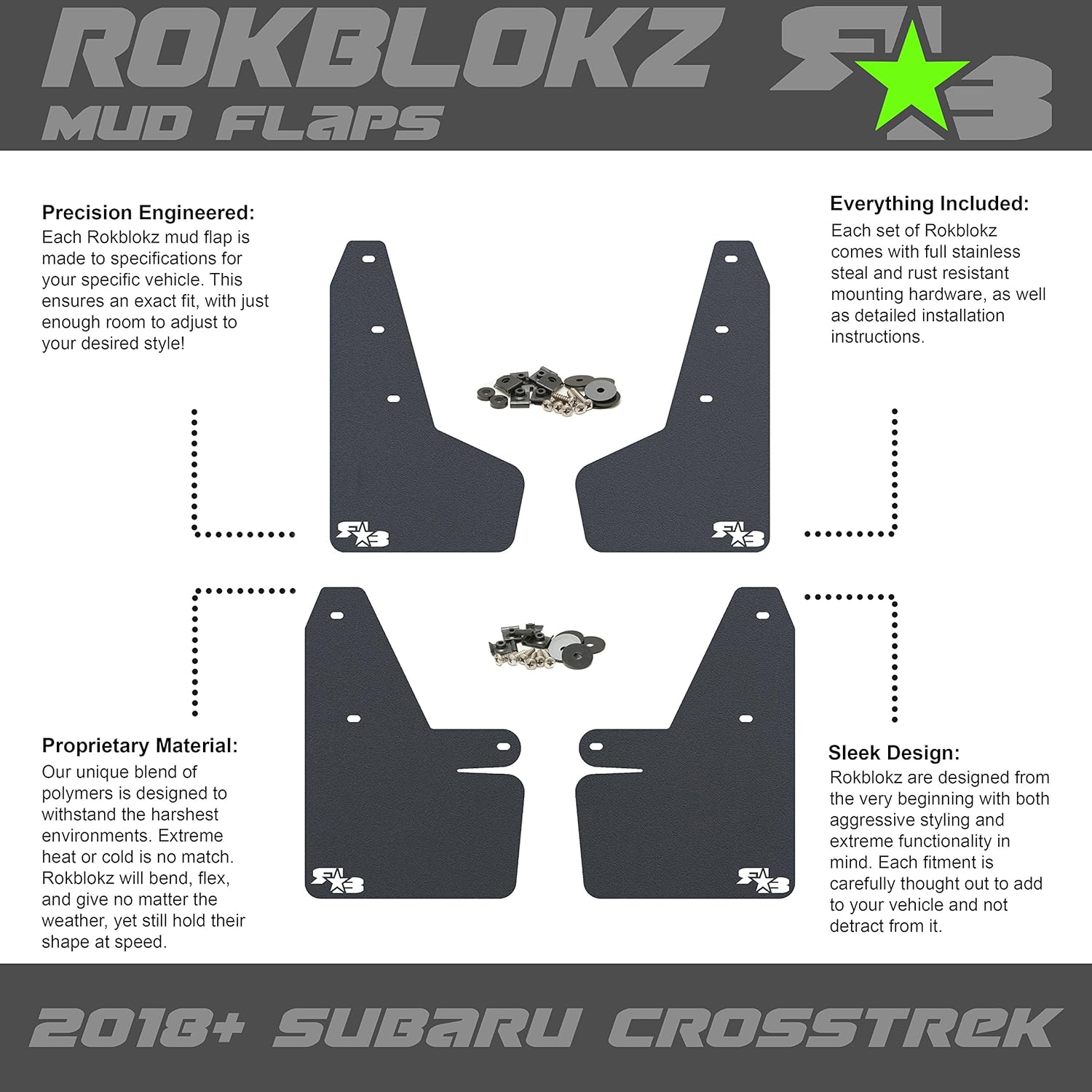 RokBlokz Mud Flaps Compatible with Subaru Crosstrek 2018-2023 - Multiple Colors Available - Mud Guards are Custom Cut and Fit - Includes All Mounting Hardware (Black with Orange Logo)