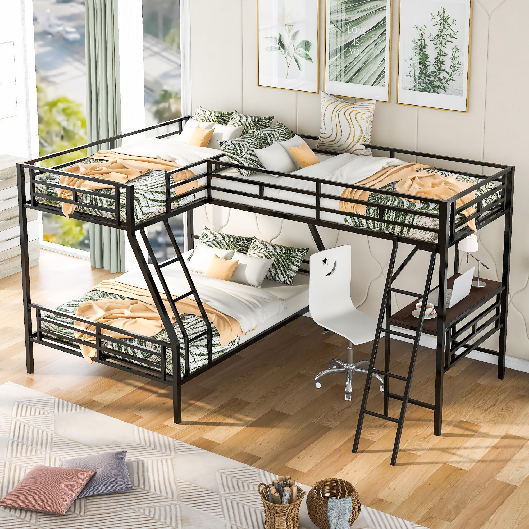 SOFTSEA L-Shaped Metal Triple Bunk Bed with Desk, Twin Over Twin Over Full Bunk Bed with Storage, Heavy Duty Metal 3 Bunk Beds with Guardrails and Ladders for 3 Kids, Noise-Free, Black