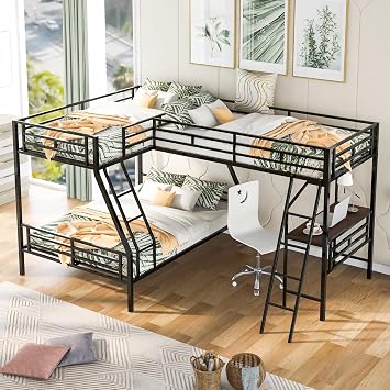 SOFTSEA L-Shaped Metal Triple Bunk Bed with Desk, Twin Over Twin Over Full Bunk Bed with Storage, Heavy Duty Metal 3 Bunk Beds with Guardrails and Ladders for 3 Kids, Noise-Free, Black