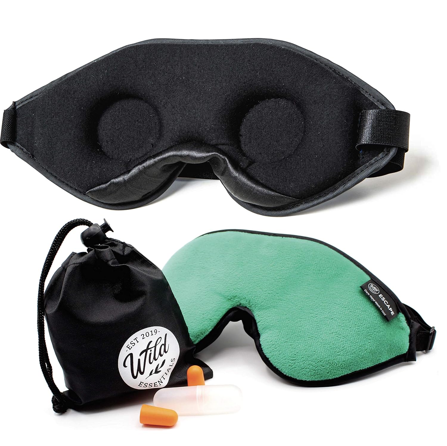 Wild Essentials Escape Plush 3D Sleep Mask Kit, Molded Eye Cavities, Nose Bridge for Light Block, Contoured, Soft Foam Cushion, Earplugs, Carry Pouch, Gift, Travel, Nap, Yoga, Blindfold, Green Goddess : Health & Household
