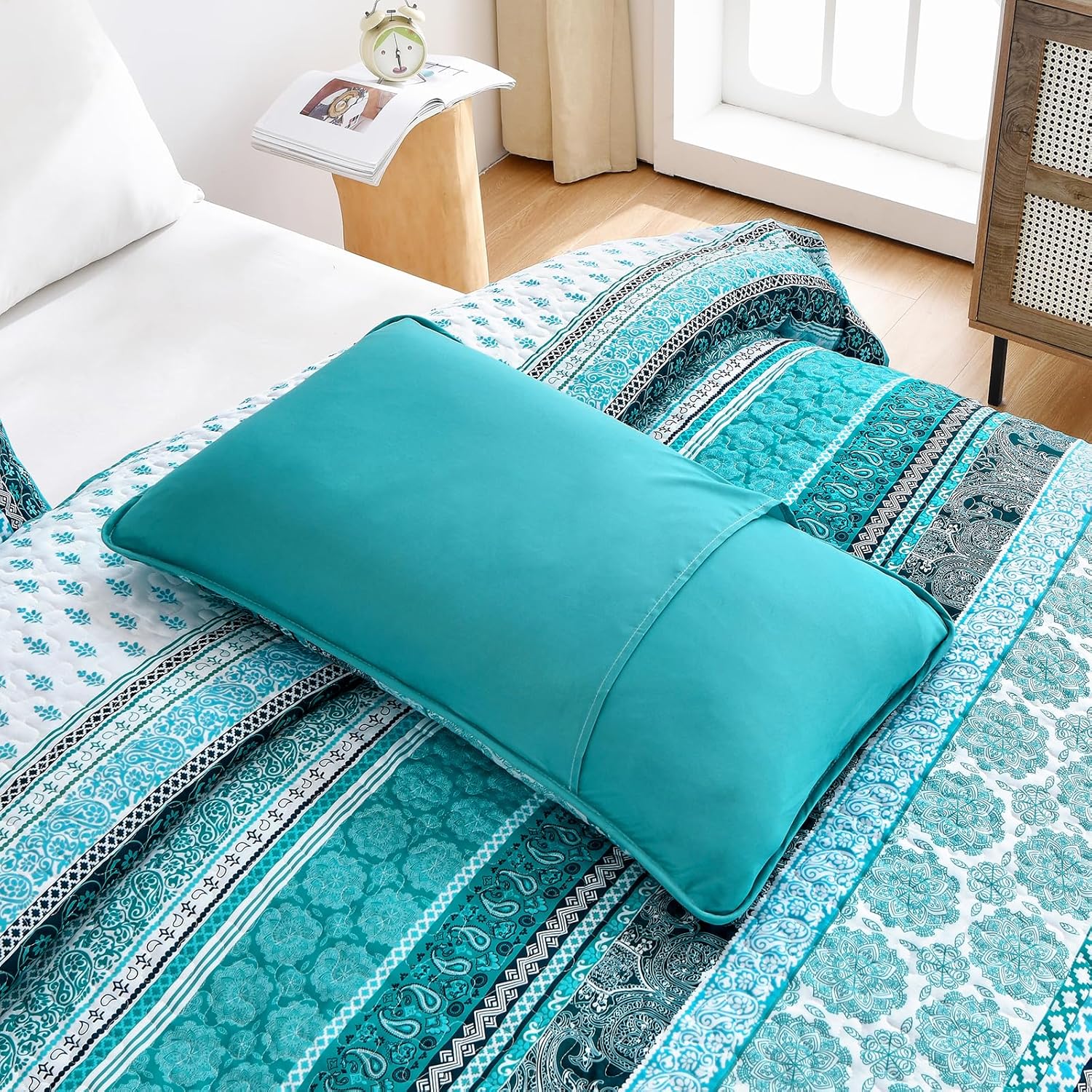 WONGS BEDDING Boho Quilt Set Queen Size, Teal 3 Pieces Bohemian Striped Patchwork Bedspread Coverlet, Lightweight Soft Microfiber Bedding Set for All Season (96"x90") - Image 9