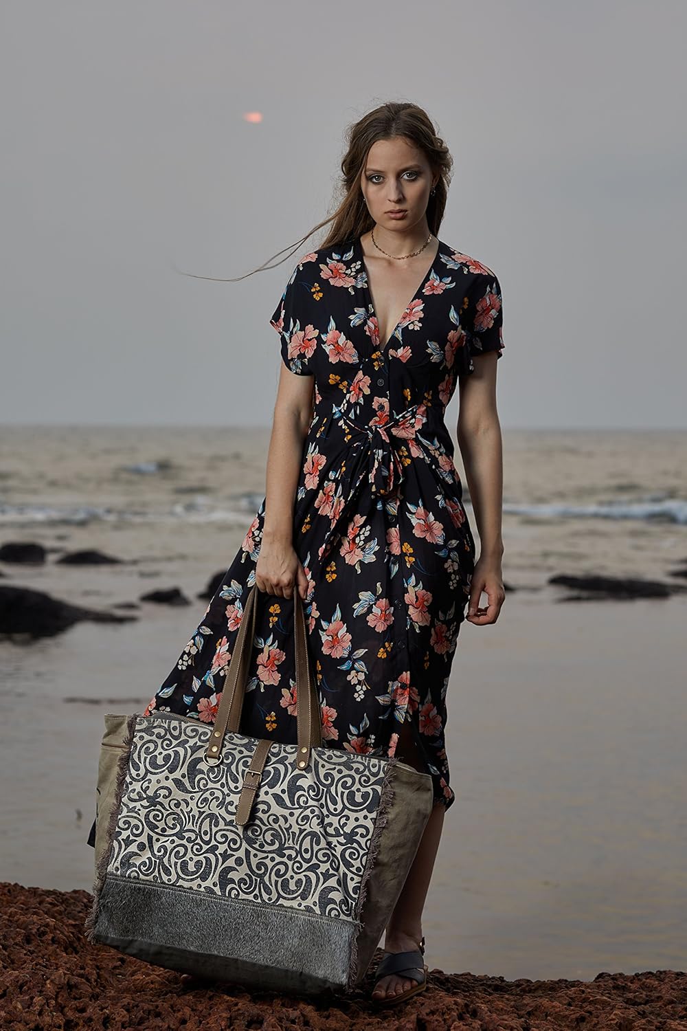 Myra Bag Floral Upcycled Canvas & Cowhide Weekender Bag S-1142 - Image 2