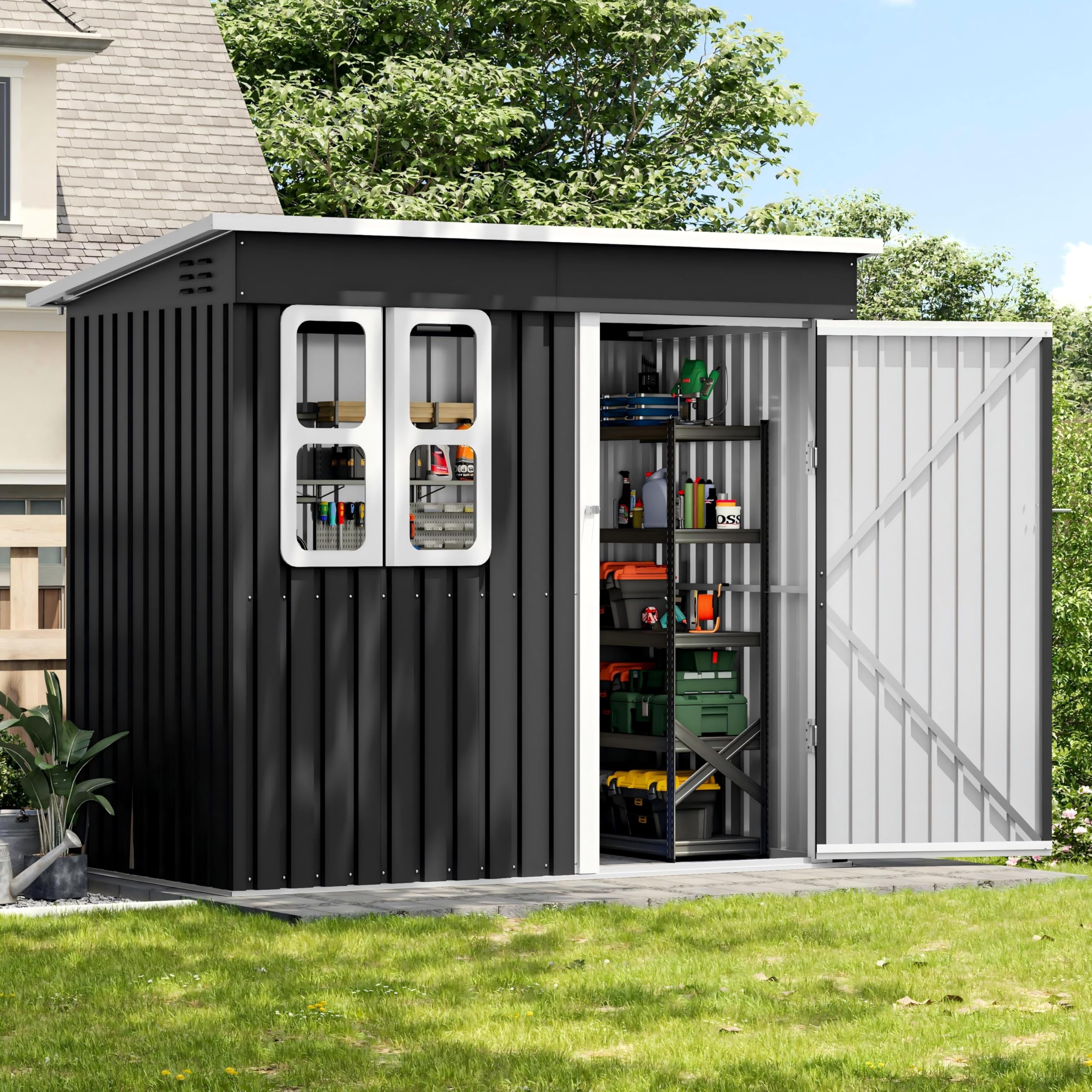 UDPATIO Metal Garden Storage Sheds 7.2 x 4.3 FT Galvanized Steel with Window, Lockable Door and Ventilation, Outdoor Bike Storage Waterproof for Backyard, Patio, Garbage Bin, Dark Grey