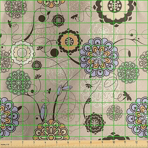 Miniatura 3 de Ambesonne Floral Fabric by The Yard, Abstract Round Flower in Mandala Inspired Design Spring Leaves Dragonflies, Decorative Satin Fabric for Home