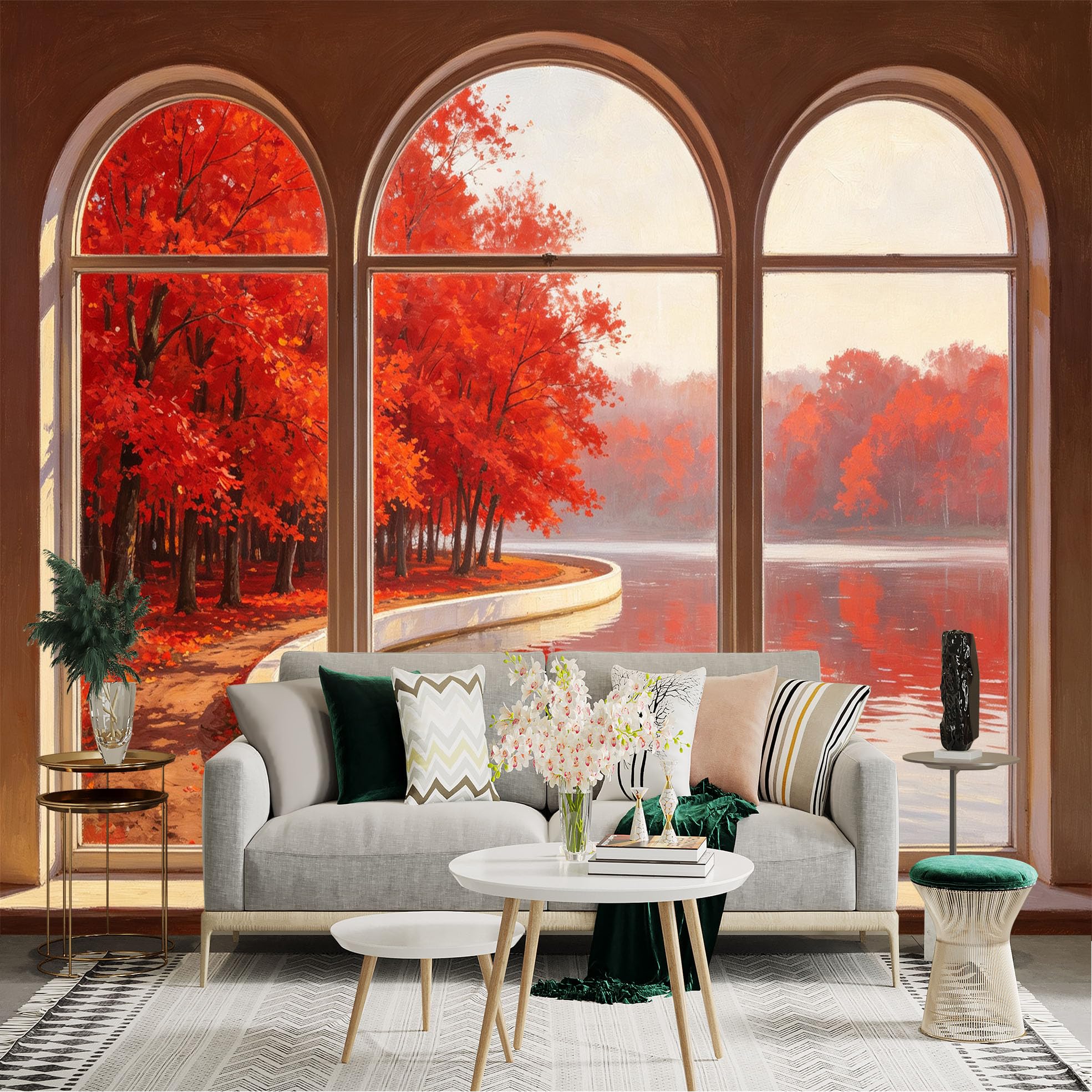 Custom Size Wall Sticker Mural， Autumn Red Maple Trees， Lake Reflection， Window View， Peaceful Nature Scenery， for wall Decoration， peelandstick wall Decals.