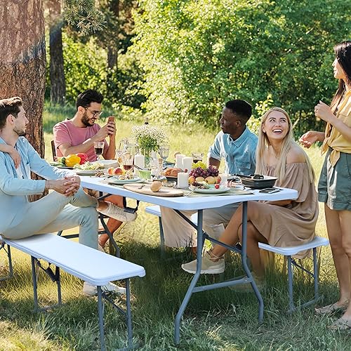 Miniatura 10 de MIRSION Folding Bench, 6FT Plastic Foldtable Bench with Handles, Outdoor Portable Stackable Bench for Party Camping and Picnic, White