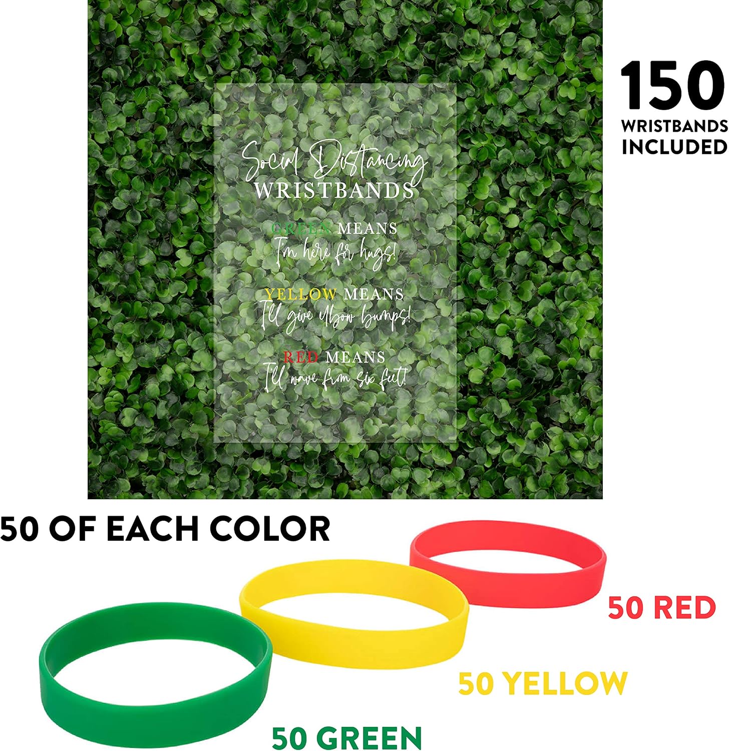 Andaz Press Social Distance Clear Acrylic Wedding Party Signs, Social Distancing Wristbands, Green, Yellow, and Red Means, 7.5 x 11-inch, 1-Pack Table Sign, 150-Pack Green, Yellow, Red Wristbands