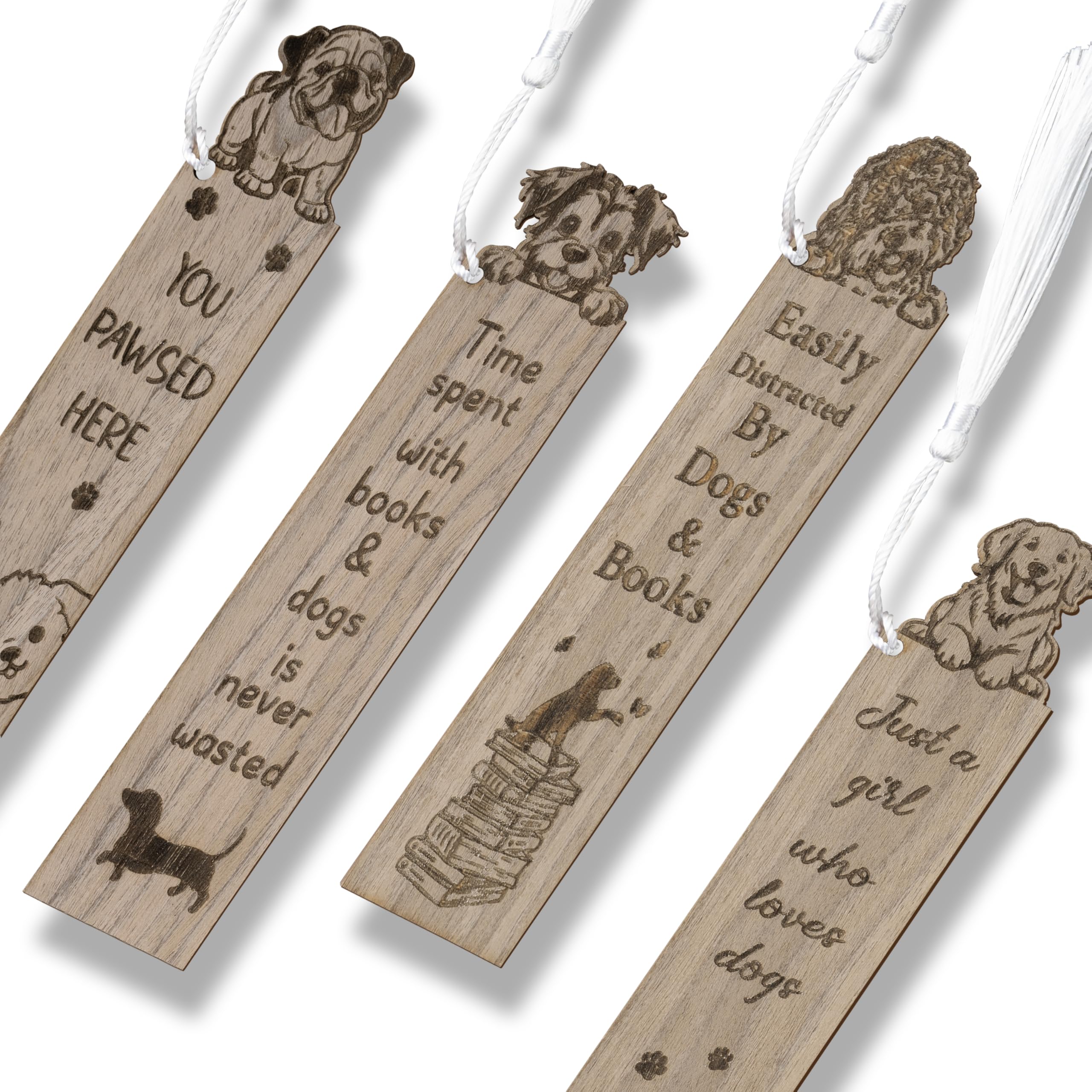 TICIAGA Wooden Dog Animal Bookmark - 4PCS Walnut Puppy Pet Bookmark Bulk with Tassel for Book Lover, Cute Dog Wooden Carving Book Mark Gift for
