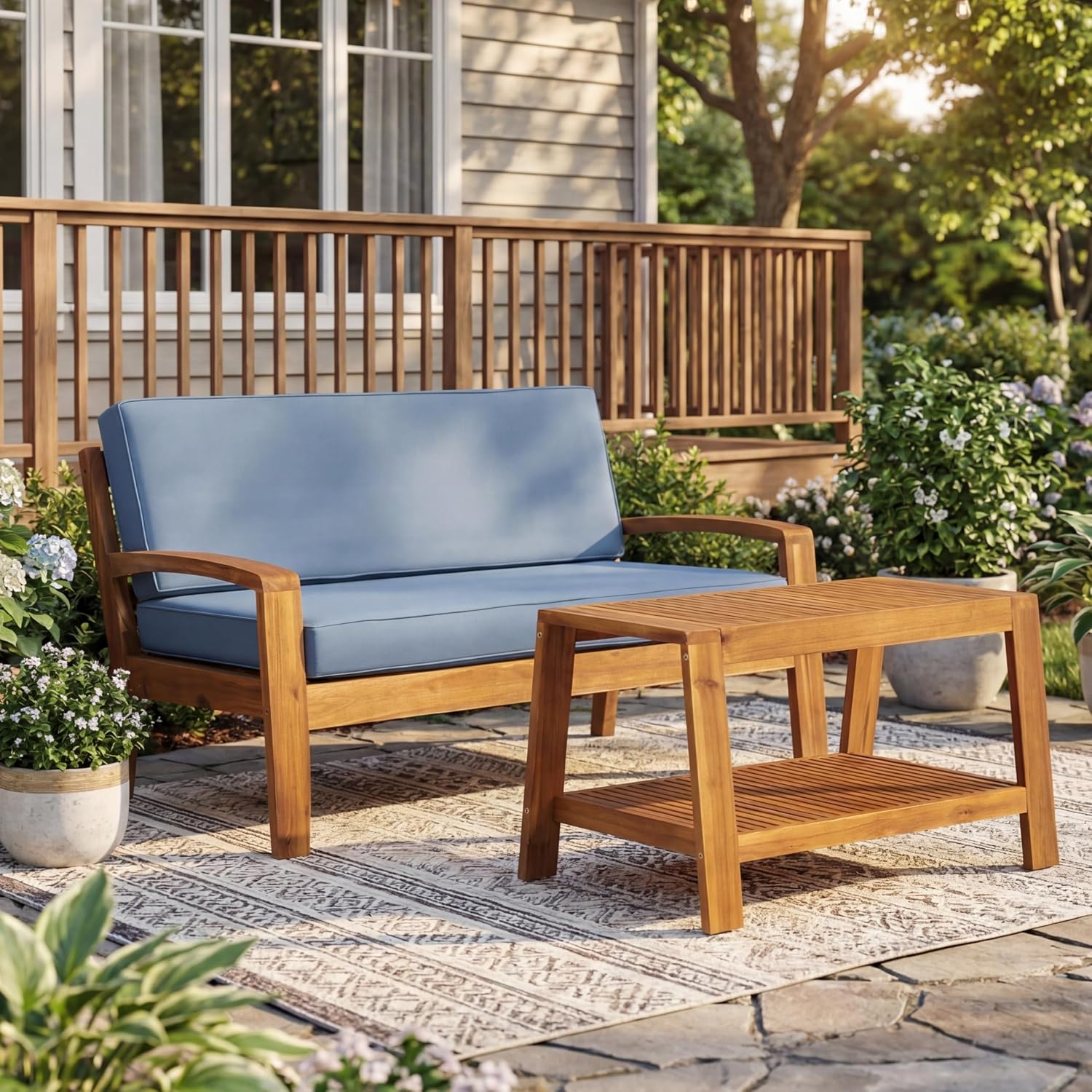 Merax Outdoor Acacia Wood Conversation Set - Patio Loveseat Sofa w/Coushion & Adjastable Feet and Coffee Table with Shelf for Backyard, Lawn, Balcony, Poolside Blue+Teak Finish