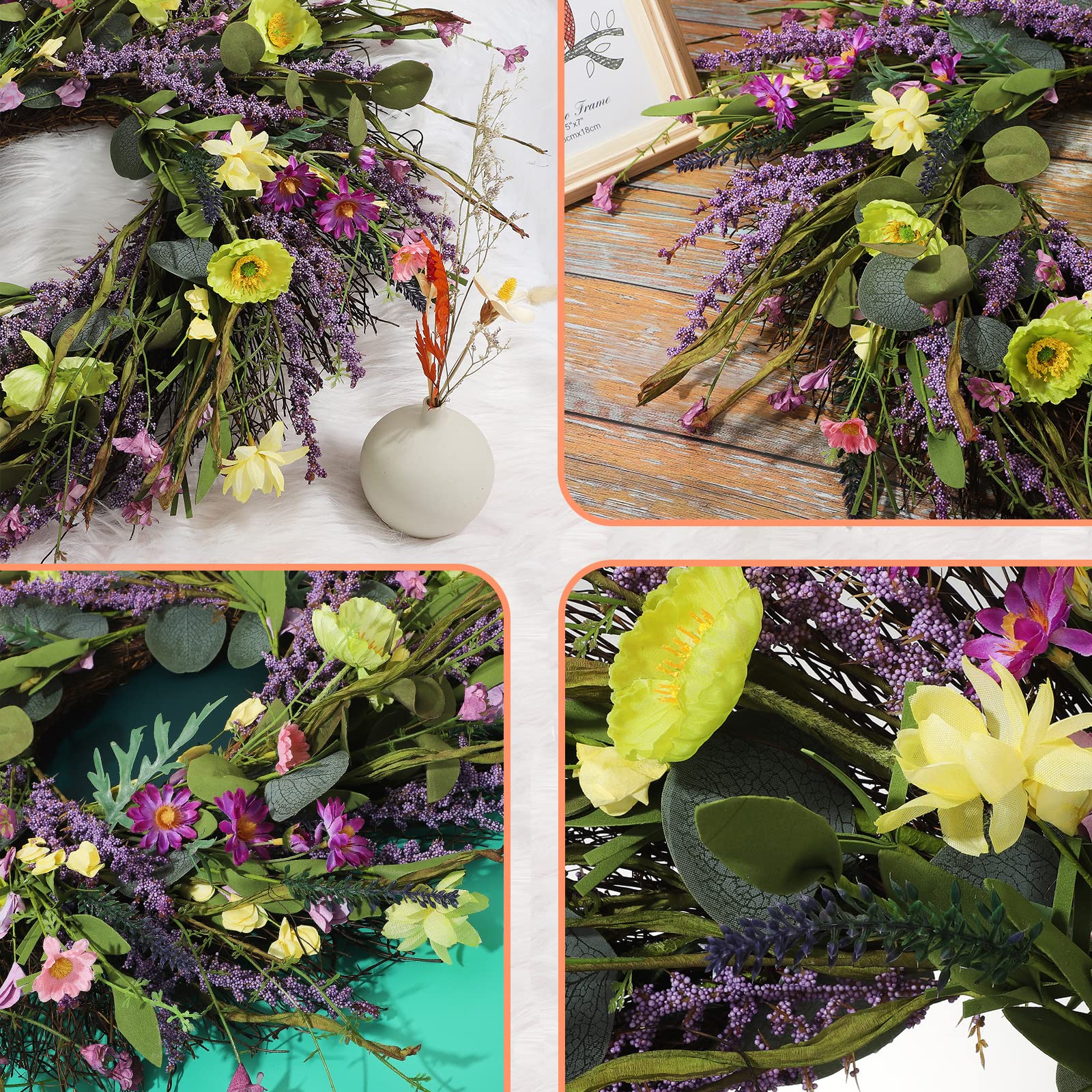 Ghirlanda di lavanda artificiale for porta d'ingresso Ghirlanda di ramoscelli di fiori di lavanda viola da 24 pollici con foglie di eucalipto Corone di ghirlande primaverili estive for la parete di no