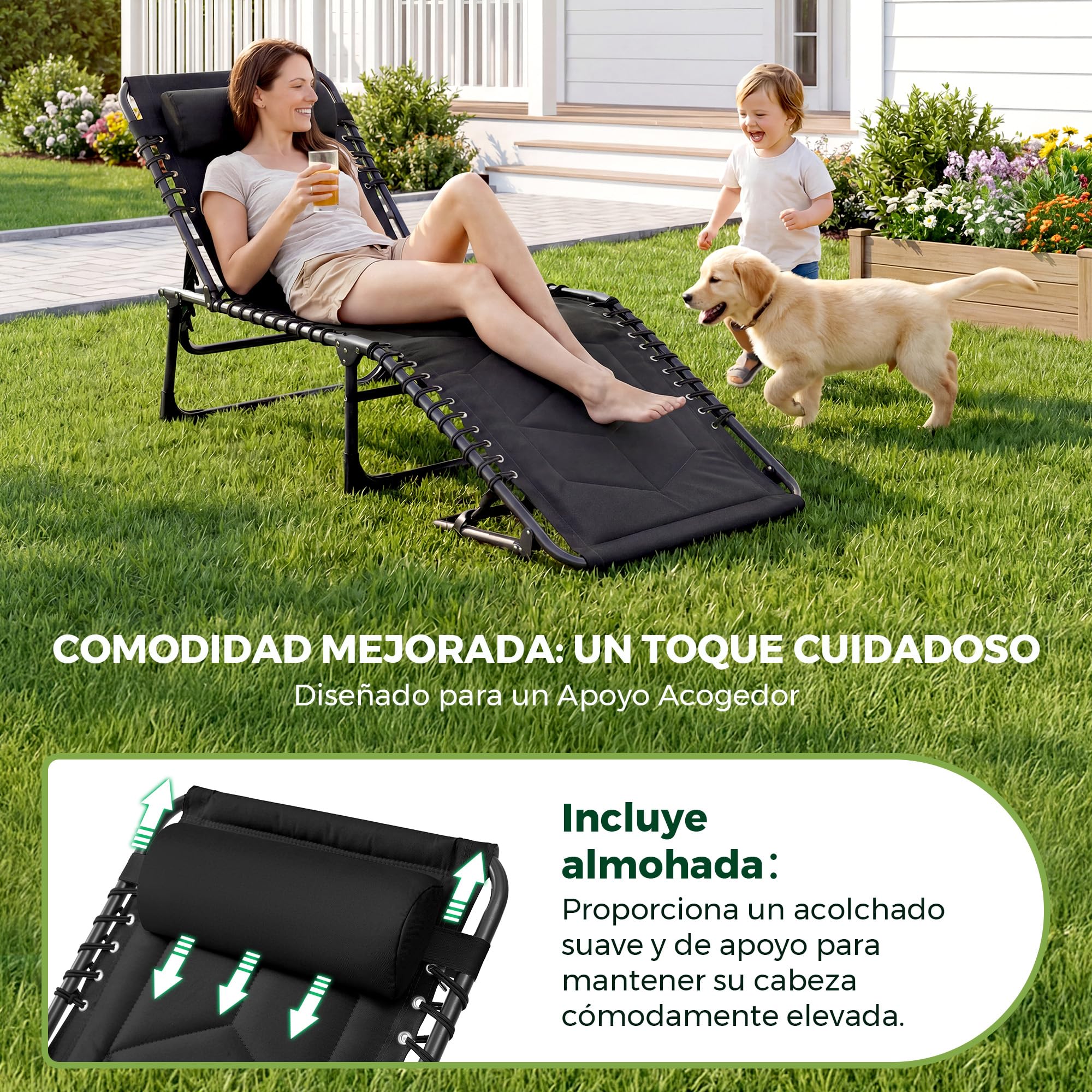 Palawano Tumbona Plegable con Respaldo Ajustable 5 Posiciones, Cama de Camping con Cojín, Tumbona Exterior Portátil para Jardín, Playa, Piscina, Balcón e Interior (Negro)