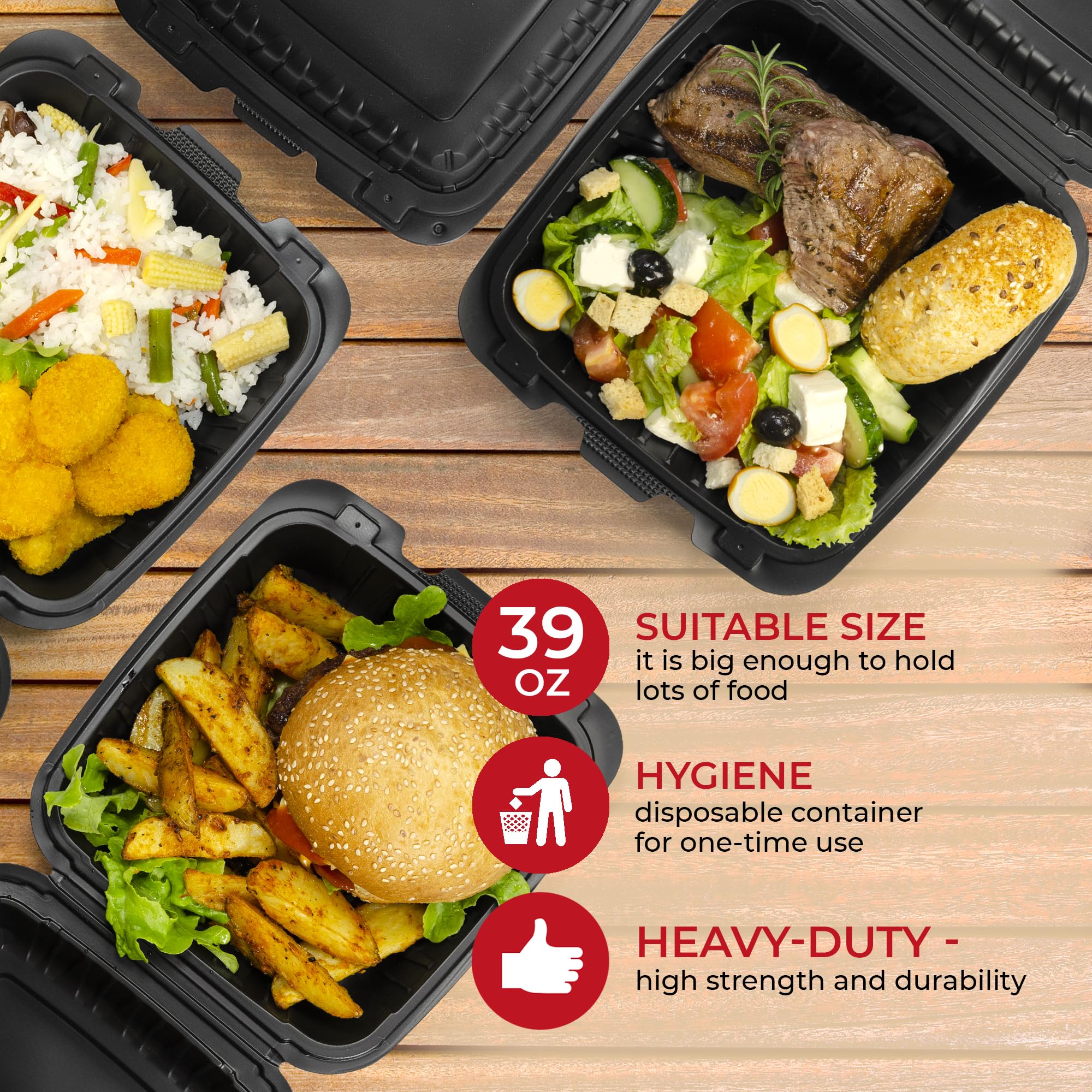 SPARGOS Cajas para llevar comida 60 unidades 20x20 cm - Clamshell biodegradables de poliestireno - Cajas para hamburguesas reutilizables - Contenedores desechables negros con 1 compartimento y tapas