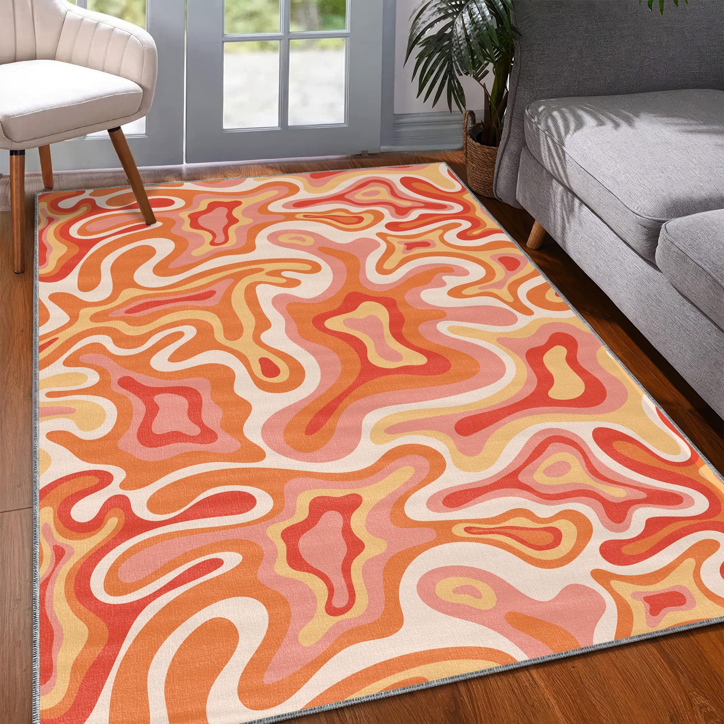 Tapis années 70, Style Moderne Abstrait ondulé, 160 x 160 cm, Motif rétro Orange et Rose, Lavable Tapis antidérapant pour Salon, Chambre, Bureau, Salle à Manger, Chambre d'enfant