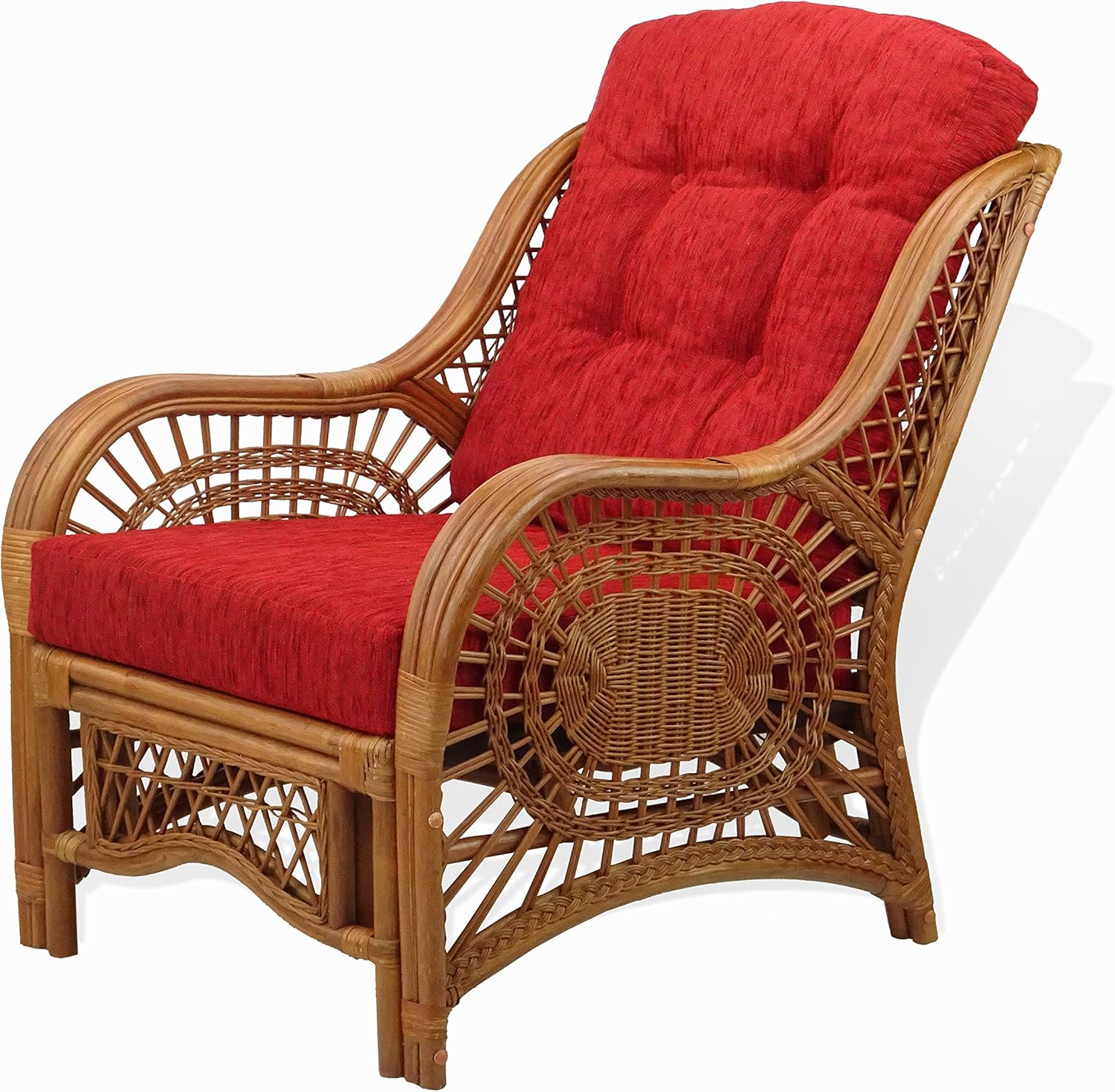 Malibu Set of 2 Natural Rattan Wicker Chairs w/Red Cushions and Round Coffee Table Handmade, Cognac