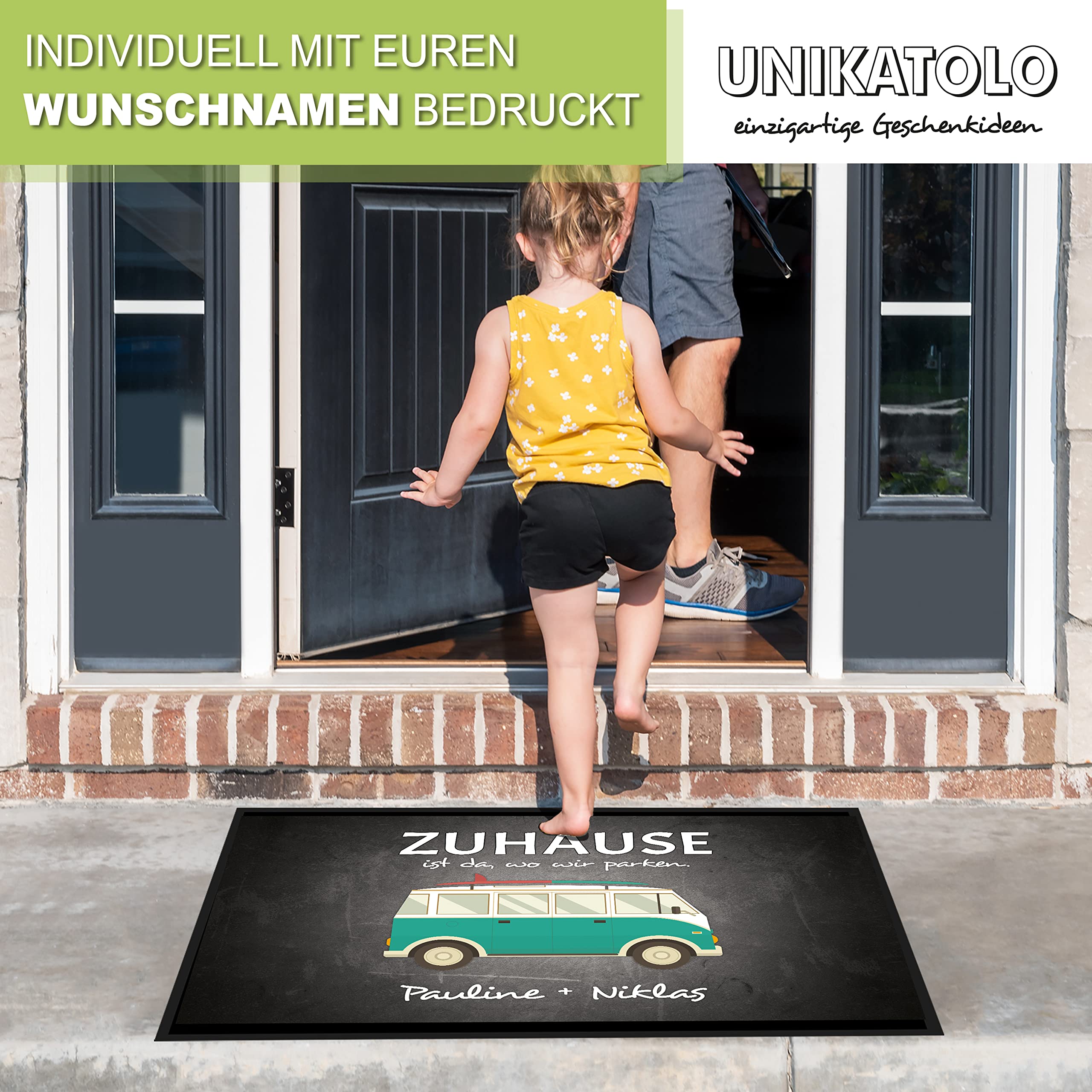 Fußmatte mit Name Camper Van Camping Abenteuer Outdoor individuell Bedruckt Hochzeitsgeschenk Paare Geldgeschenk Reisegutschein (65 x 100 cm)