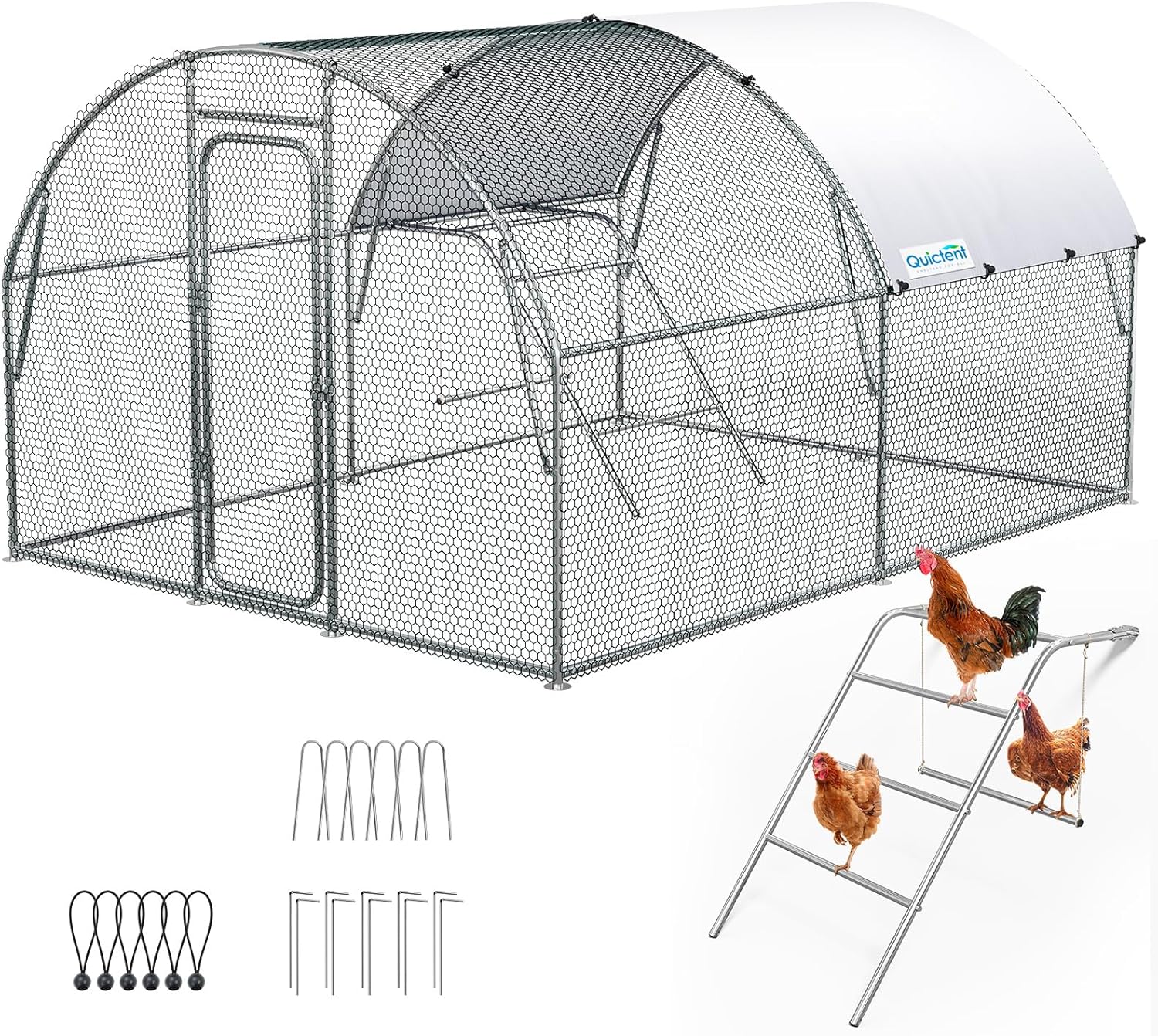 Quictent Large Metal Chicken Coop Run for 10/20 Poultry with Roosting Perch & Swing, 13x10FT Upgraded Outdoor Walk-in Cage Arch Hen Duck Rabbit Yard Farm House, Chicken Wire, Waterproof Roof Tarp