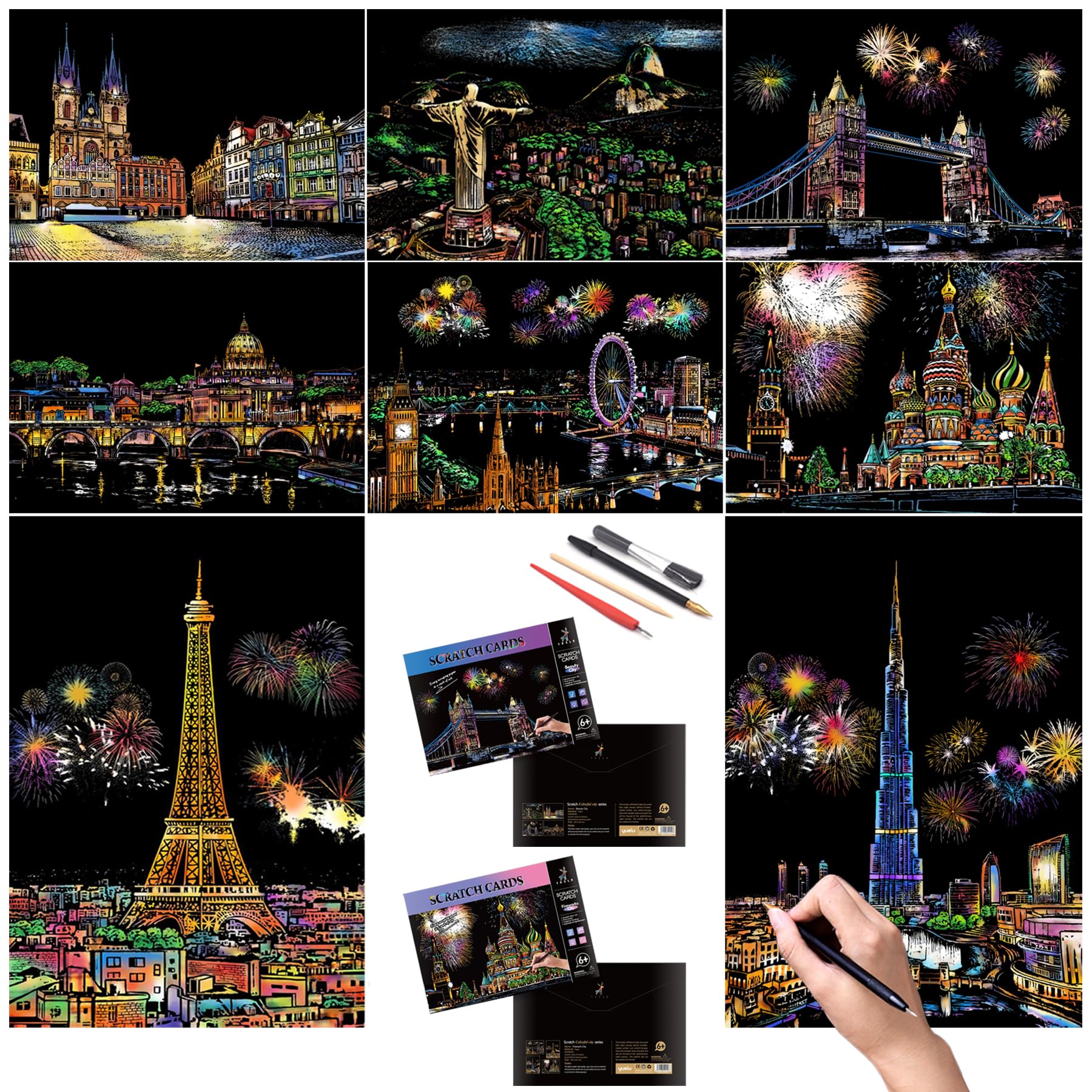 BOTEEN Scratch & Sketch Art Paper A4, Rainbow Scratch Painting Night View Art&Craft Kits(New Packaging, New Pattern),Scratchboard for Adults and Kids with 4 Tools(Classic City Series)