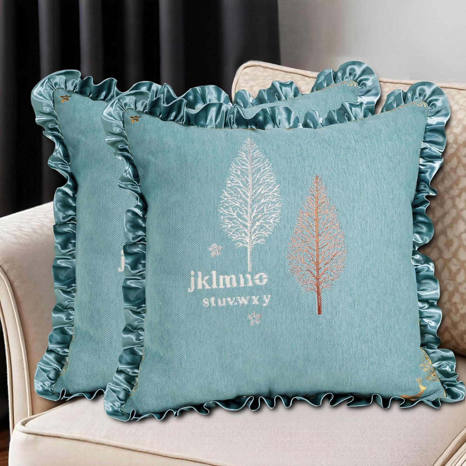 SZHELEJIAM Ruffle Throw Pillow Covers 18x18 Set of 2, Soft Chenille Jacquard Decorative Cushion Cases, Green Square Pillow Covers for Sofa Bedroom Living Room