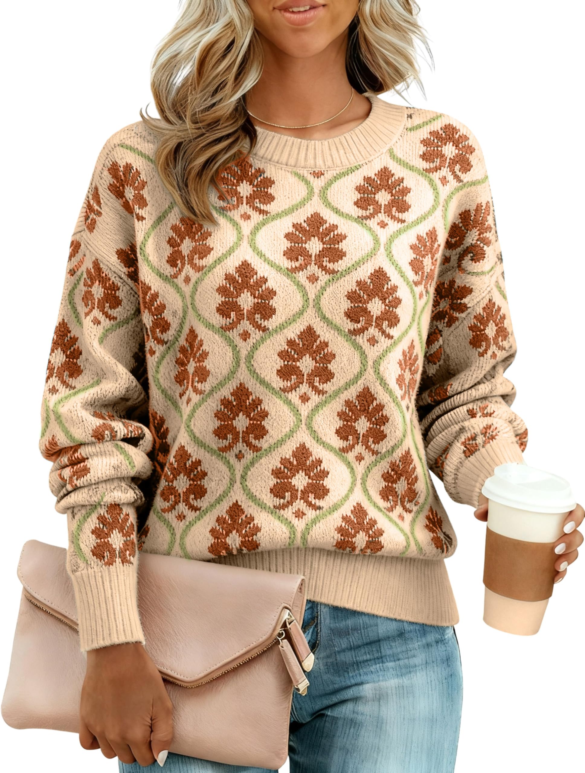 Yeokou Women Floral Sweater Crewneck Long Sleeve Knit Print Pullover Casual Chunky Knitwear