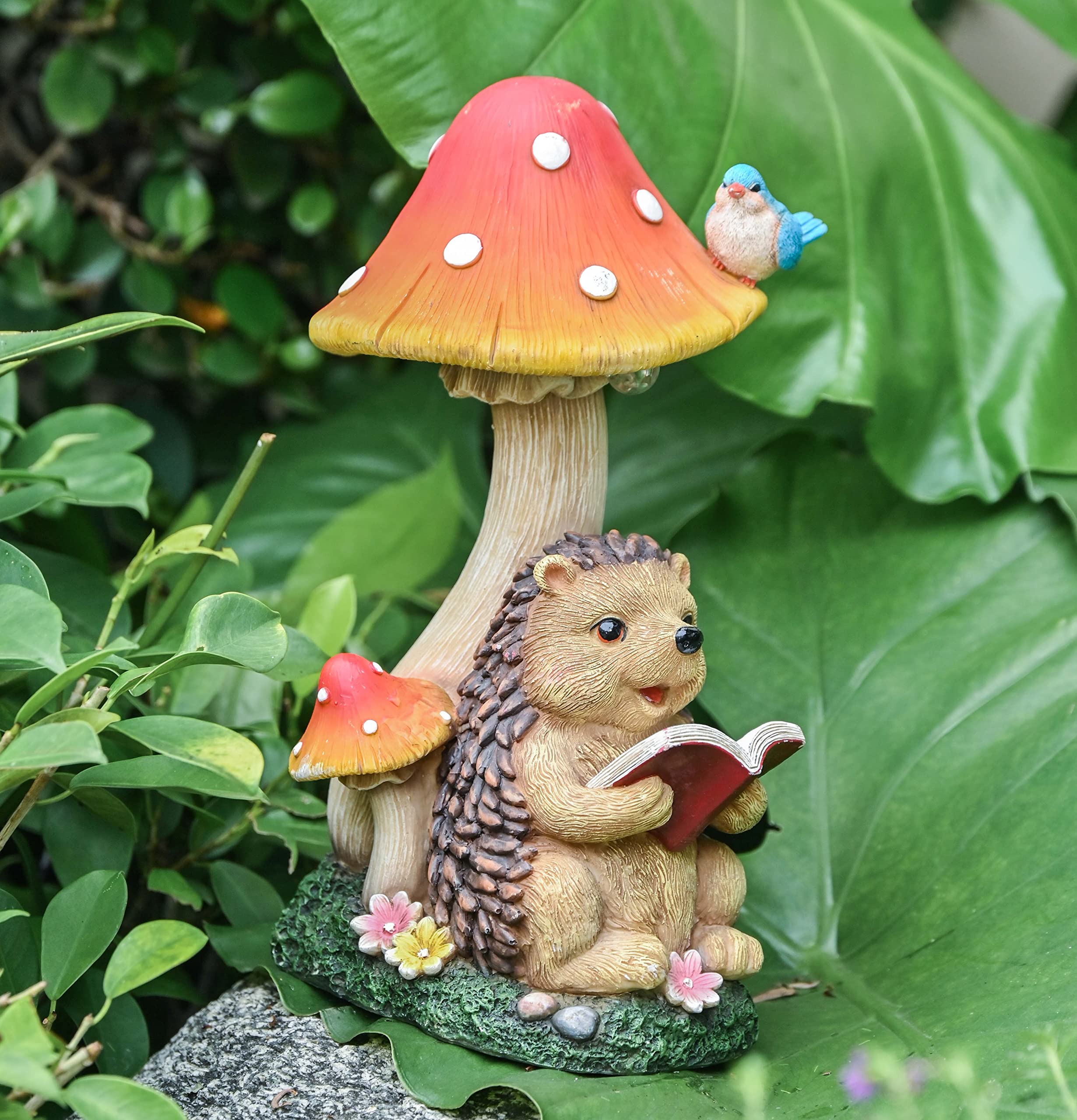TERESA'S COLLECTIONS Decoration Jardin Exterieur Hérisson et Champignon,Figurine d'animaux avec Lampe Solaire, Décor d'art Original,17.5cm,Cadeau Femme (M)