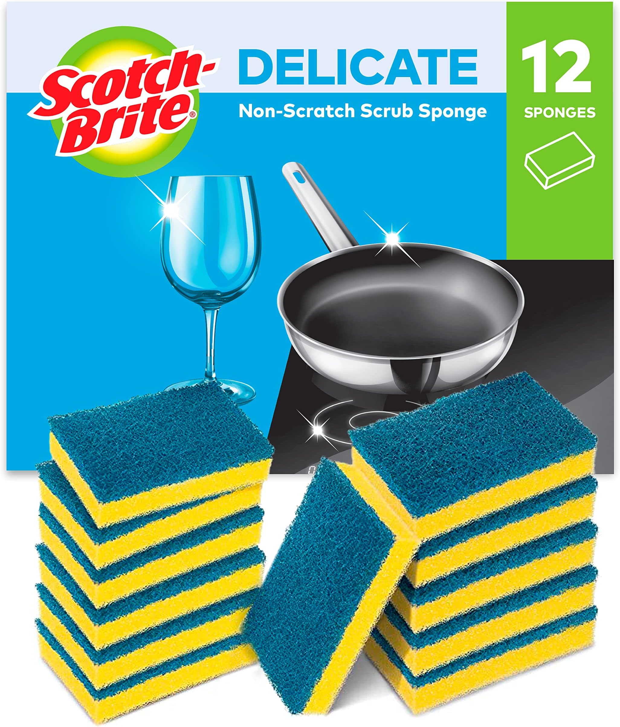 Delicate Non-Scratch Scrub Sponge, 12 Pieces - Ideal Everyday Washing up Sponge for Kitchen, Bathroom, and Household, use on Non-Stick Cookware and Glass