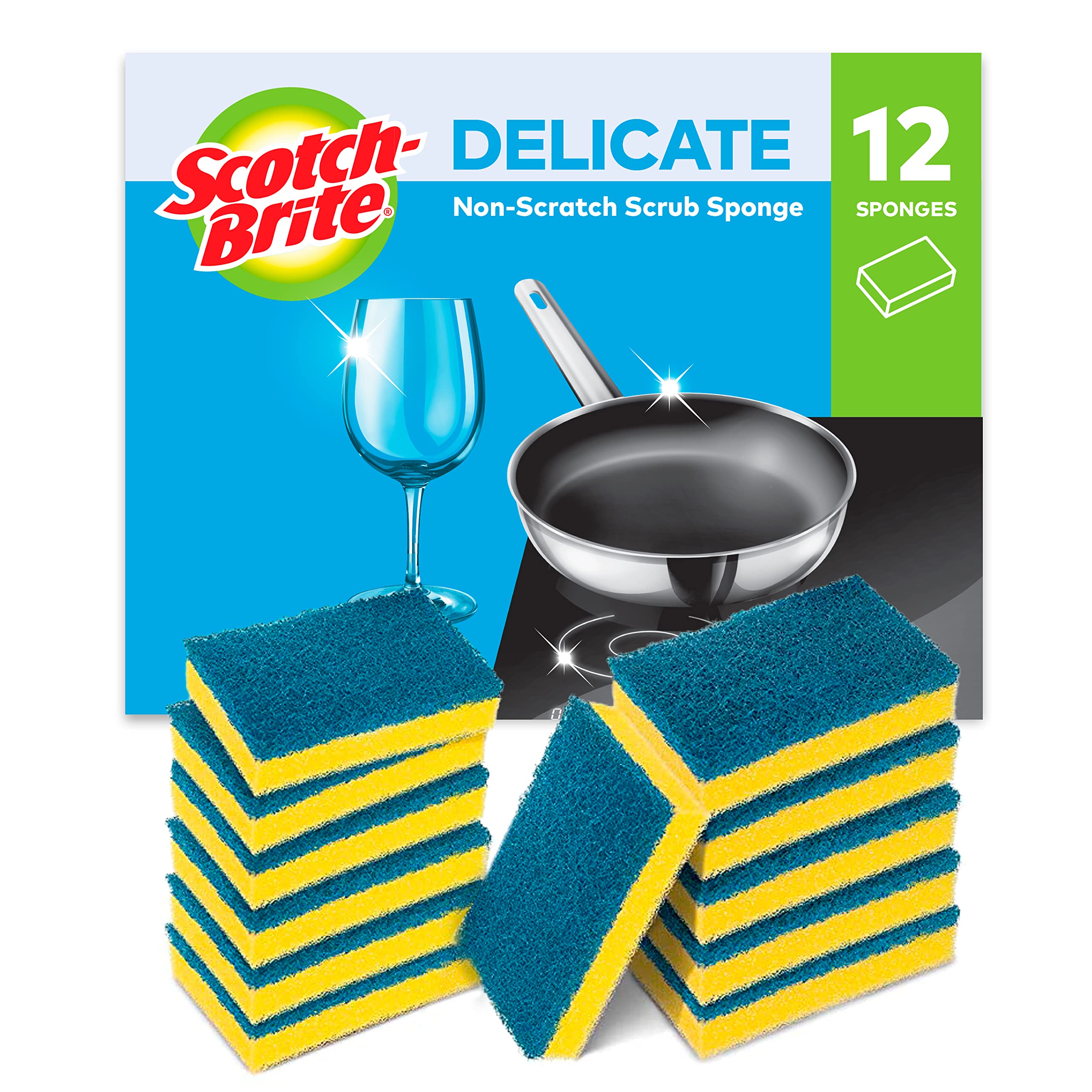 Delicate Non-Scratch Scrub Sponge, 12 Pieces - Ideal Everyday Washing up Sponge for Kitchen, Bathroom, and Household, use on Non-Stick Cookware and Glass