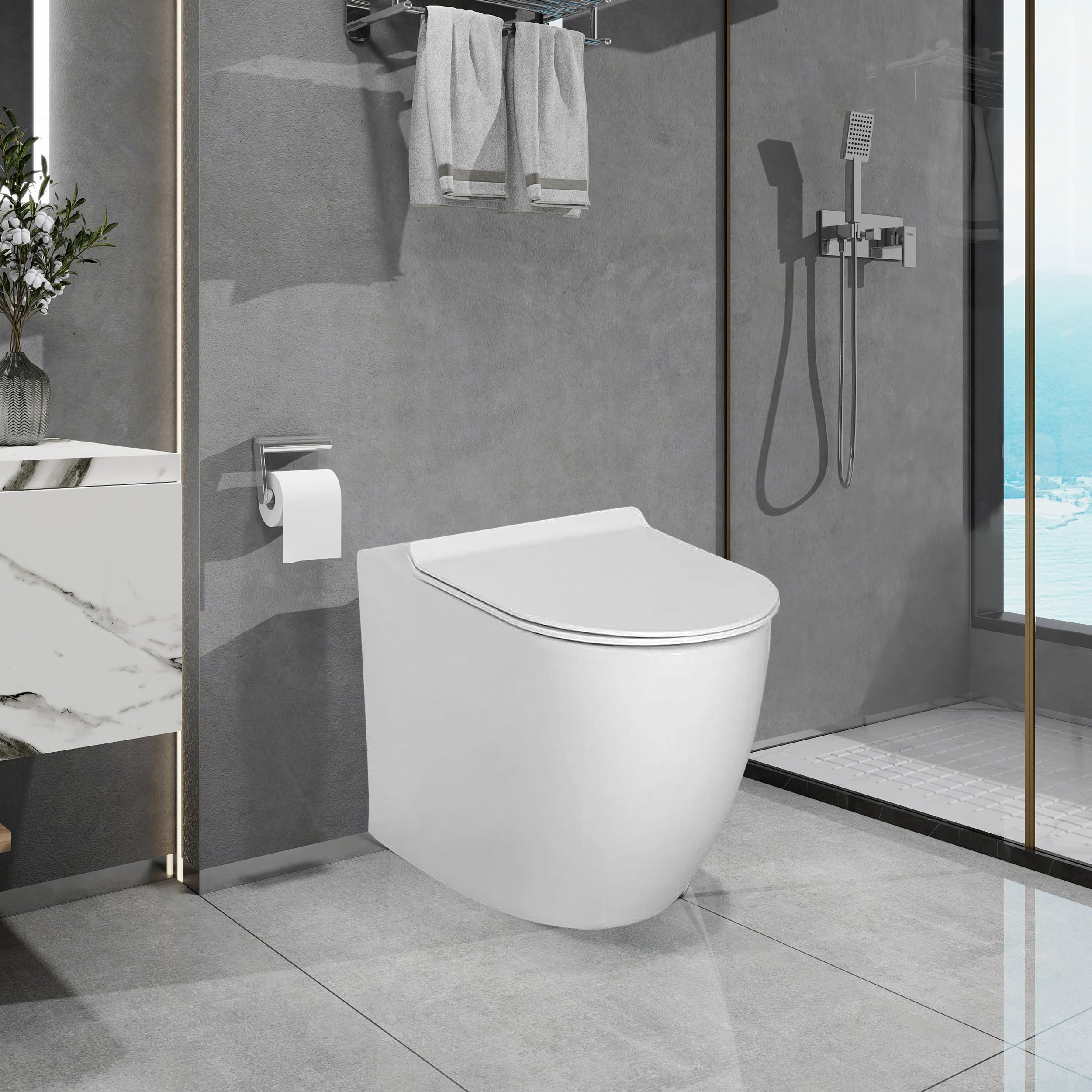 Sorrento Bathrooms White Gloss Rimless Comfort Height Toilets Back To Wall Toilet White Ceramic Btw Bathroom Wc Pan & Concealed Cistern Soft Close Seat Modern Round Elongated Eco Flush Bathrooms Toilet