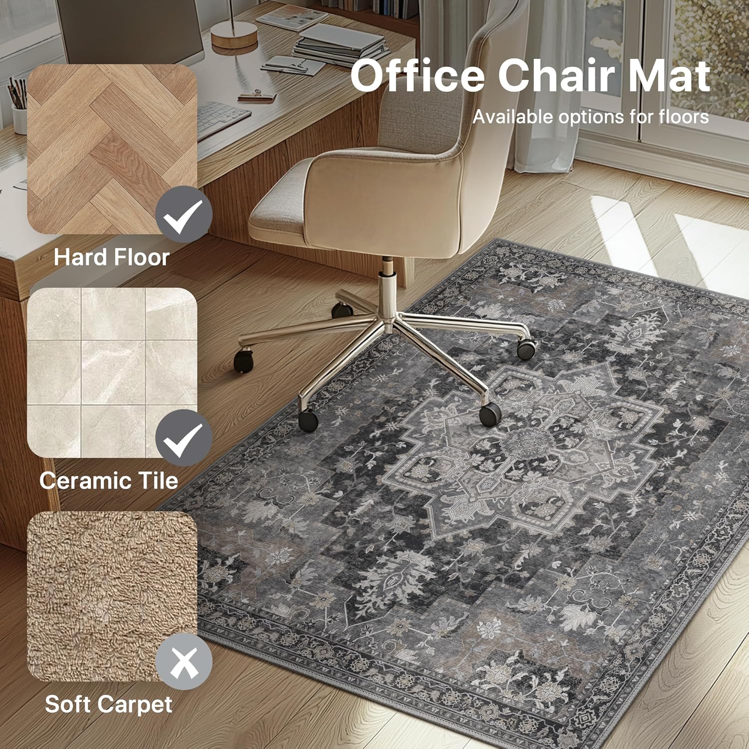 48"x60" Office Chair Mat for Hardwood Tile Floor, Under Desk Carpet Protector for Rolling Computer Chair Mat, Machine Washable Area Rug, Anti-Slip 1/5" Thick Low Pile Thin Vinyl Floor Mat, Black
