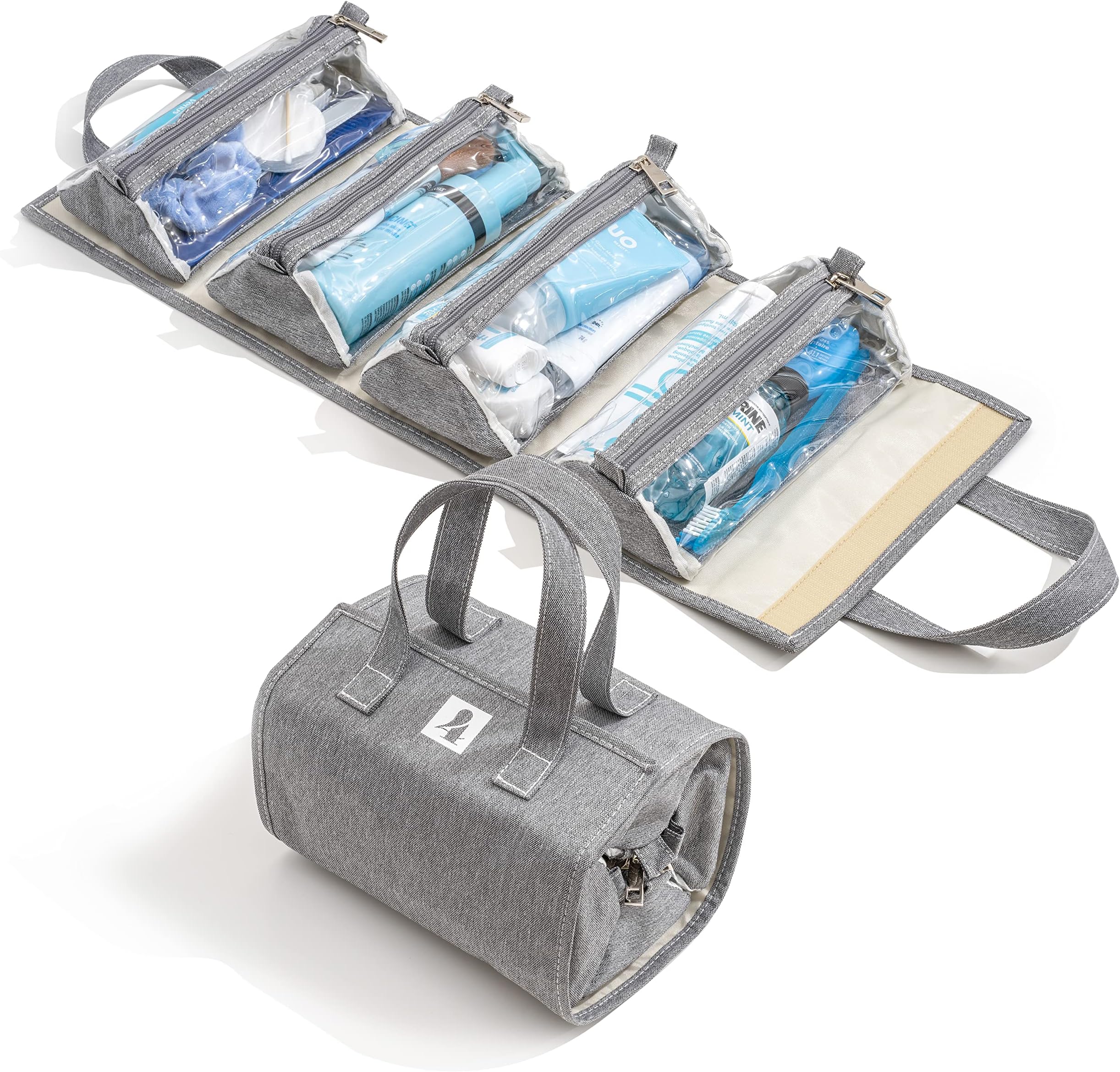 Hanging Roll-Up Makeup Organizer and Travel Bag - 4 Removable Toiletry Bags - Great for Cosmetics, First Aid, Medicine, Personal Items, Krafts - Quality Zippers