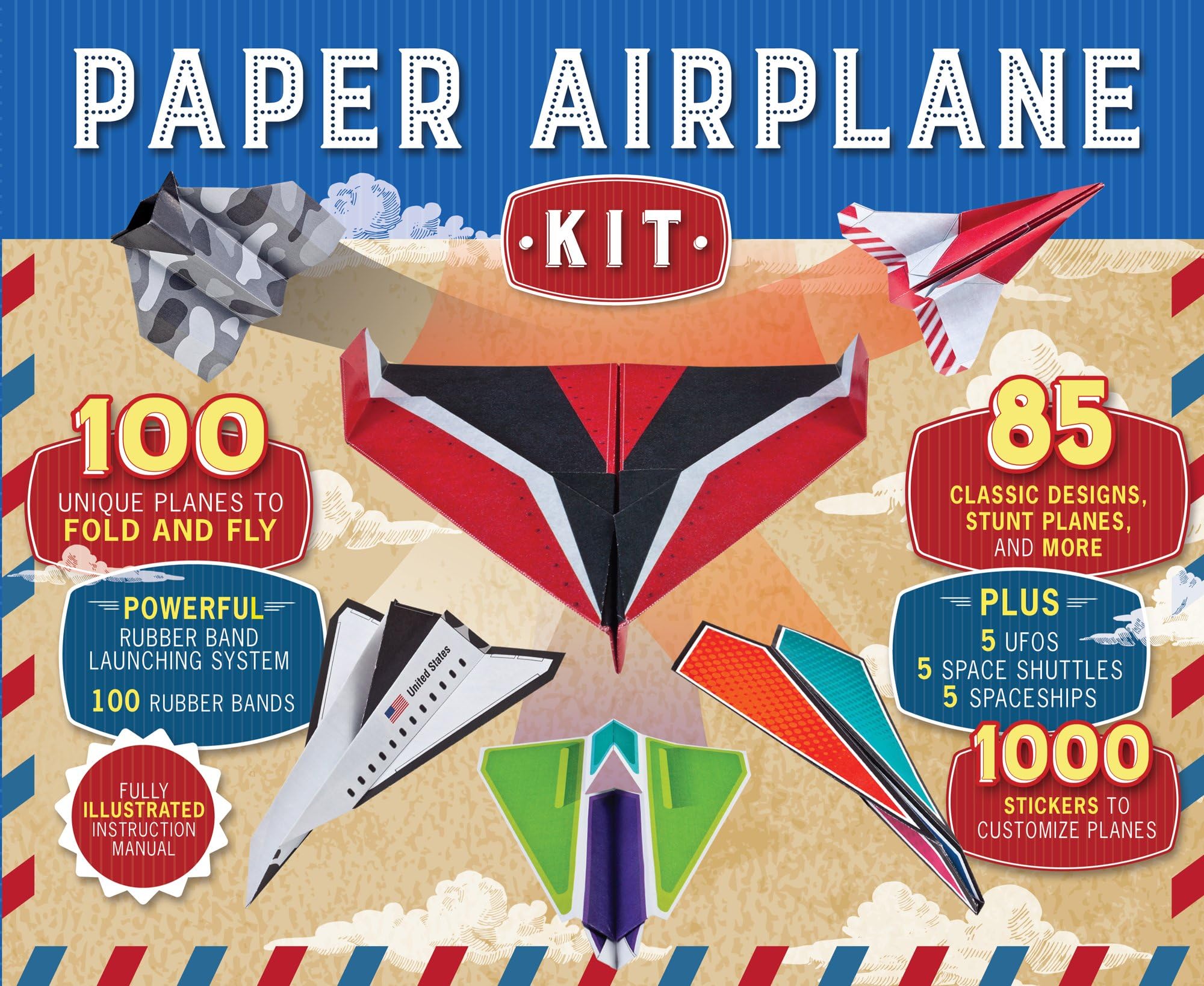 Paper Airplane Kit: 100 Planes to Fold & Fly, 1000 Stickers, Launcher & 100 Rubber Bands | Colorful Sheets | STEM Family Gift for Ages 7 and Up