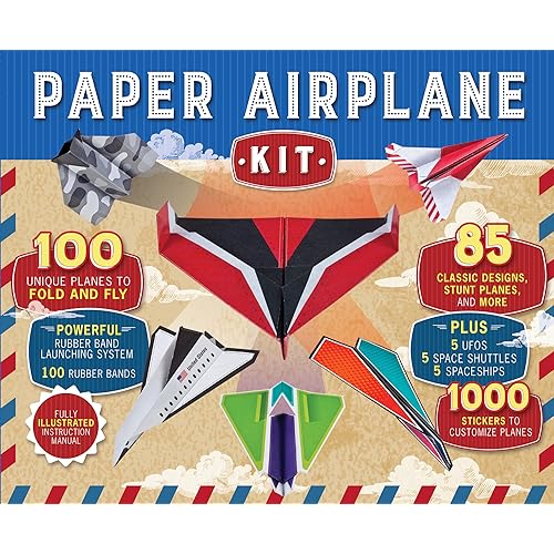 Paper Airplane Kit: 100 Planes to Fold & Fly, 1000 Stickers, Launcher & 100 Rubber Bands | Colorful Sheets | STEM Family Gift for Ages 7 and Up