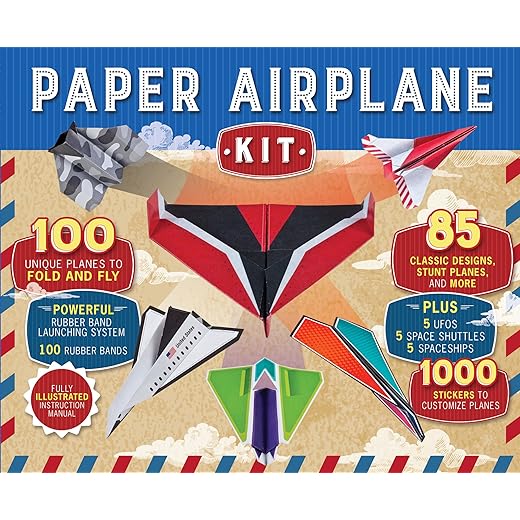 Paper Airplane Kit: 100 Planes to Fold & Fly, 1000 Stickers, Launcher & 100 Rubber Bands | Colorful Sheets | STEM Family Gift for Ages 7 and Up
