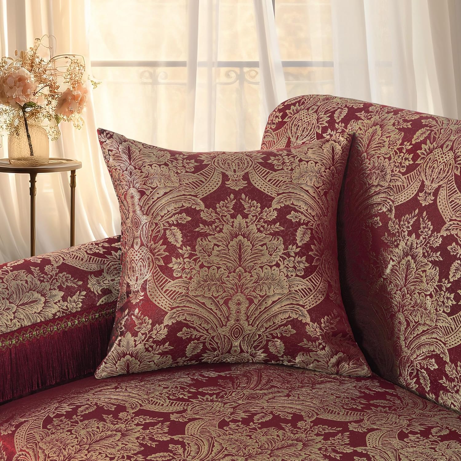Loom and Mill Luxury Sofa Armrest Covers Set of 2, Classic Damask Thick Chenille Nonslip Couch Arm Cover Furniture Protector with Lace Edge and Tassels for Chair Couch Sofa (Wine Red, 20x24 inch)